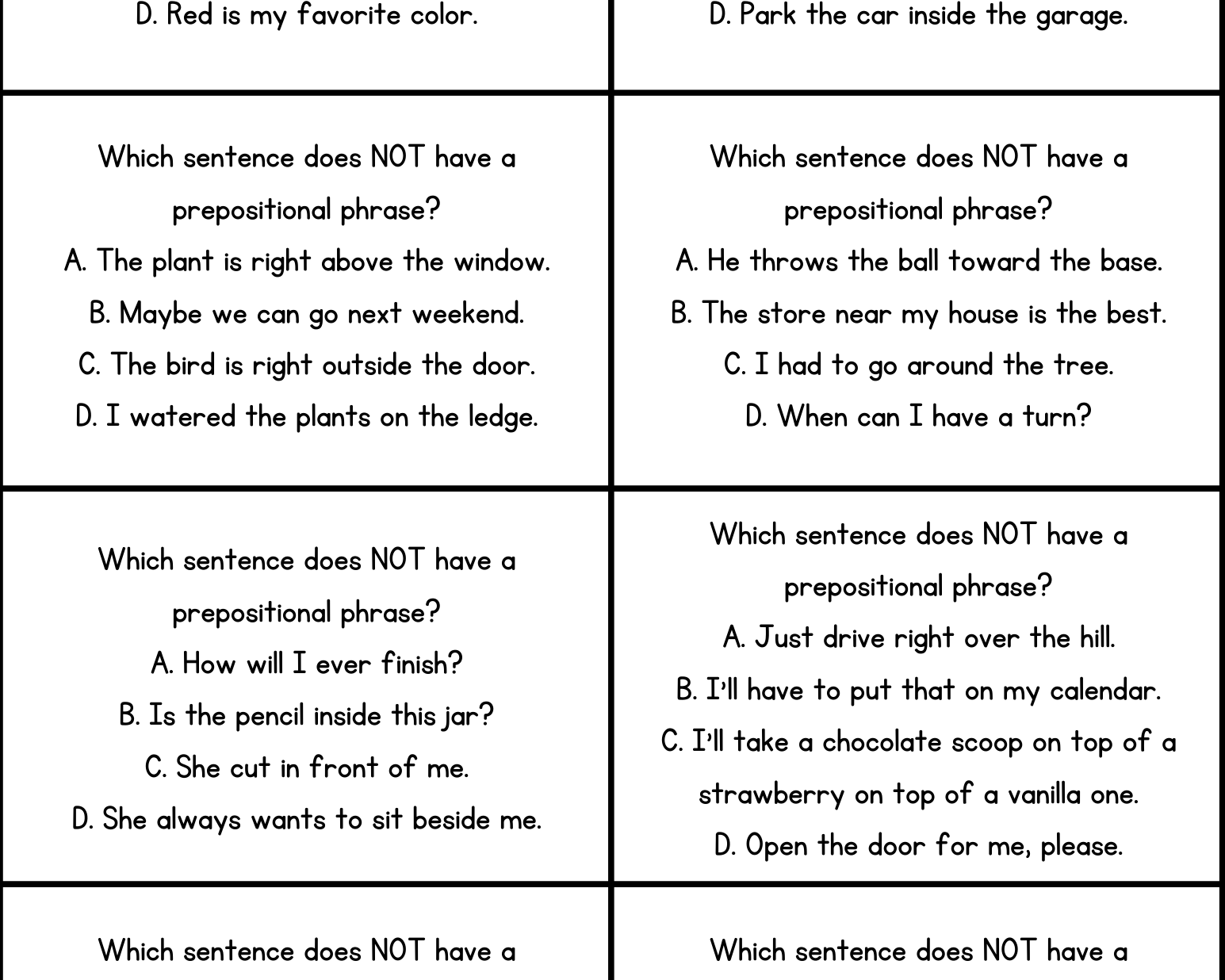 Prepositions 4 In A Row Activity - This Resource Is Great For Grades 7-8.