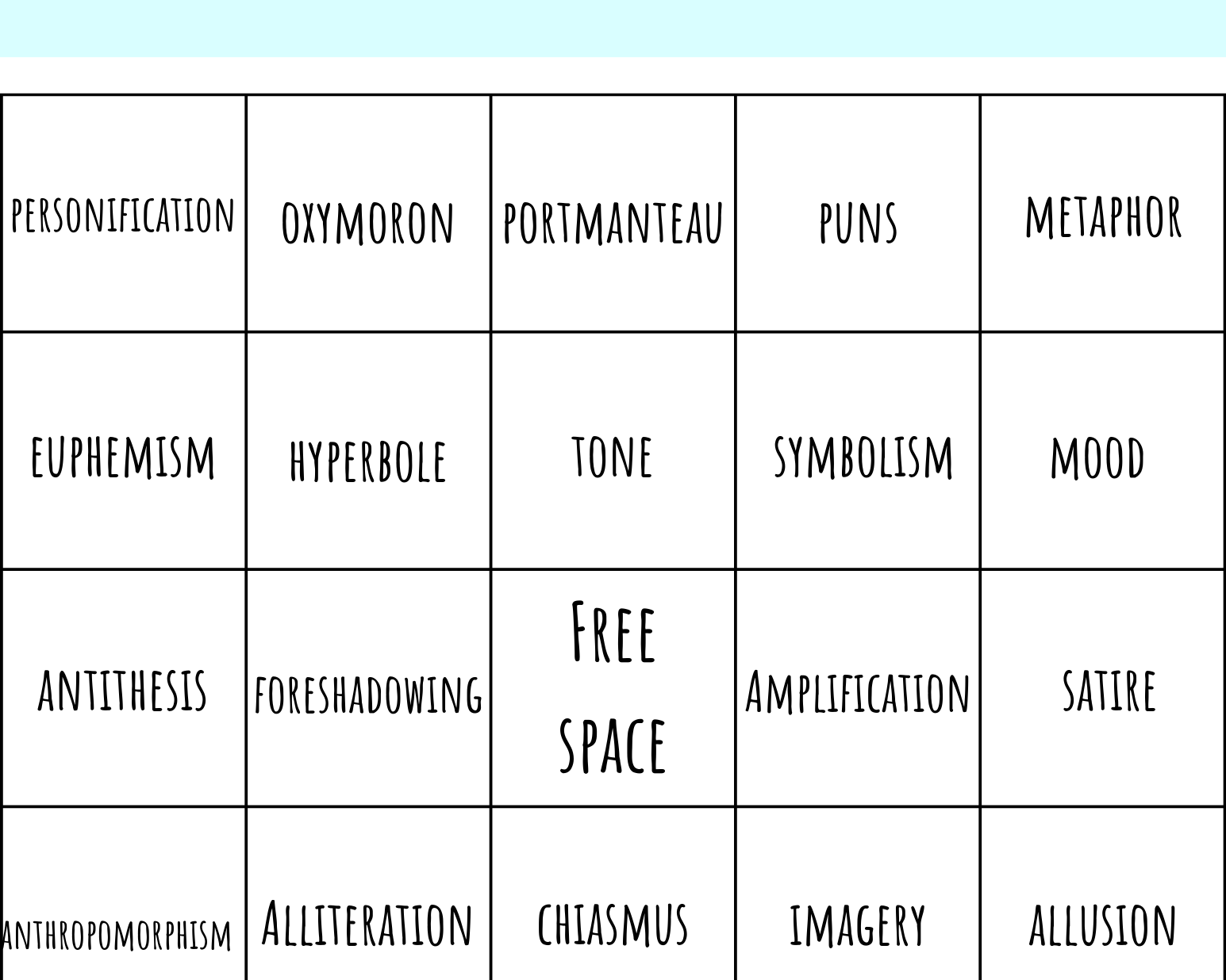 Literary Devices Bingo - This Resource Is Great For Grades 7-8.