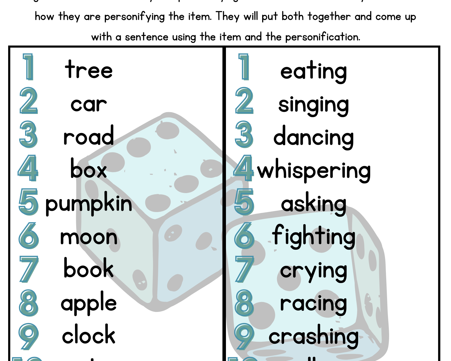 Rolling Personifications Activity - This Resource Is Great For Grades 7-8.
