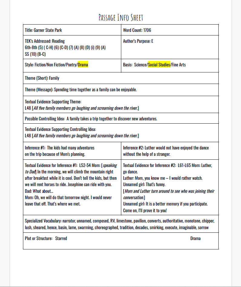 Practice Passage: Drama 6Th Grade Garner State Park