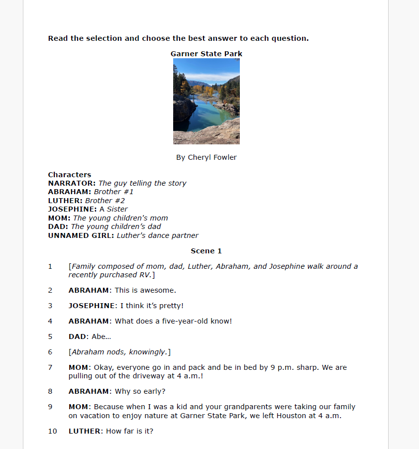 Practice Passage: Drama 6Th Grade Garner State Park