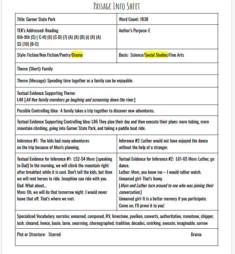 Practice Passage: Drama 7Th Grade Garner State Park