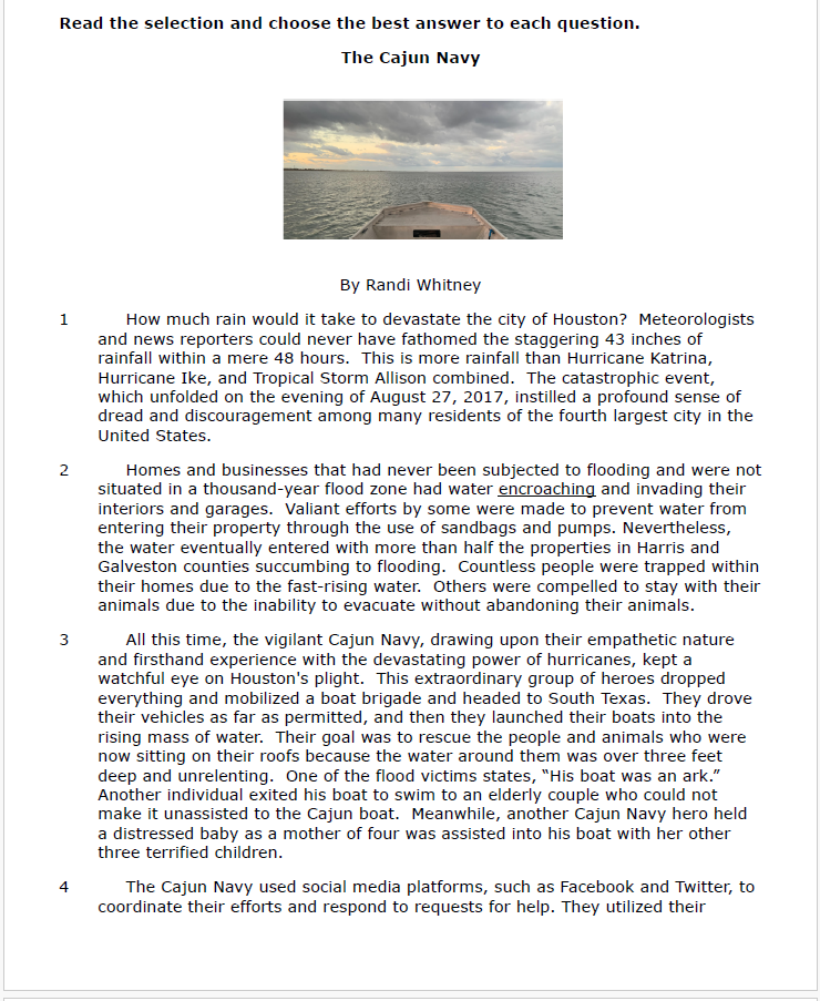 Practice Passage: Non Fiction 7Th Grade The Cajun Navy