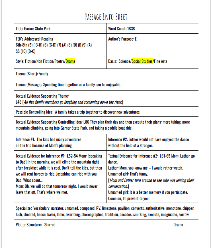 Practice Passage: Drama 8Th Grade Garner State Park