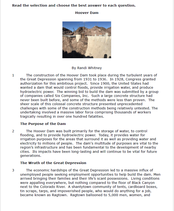 Practice Passage: Non Fiction 9Th Grade Hoover Dam