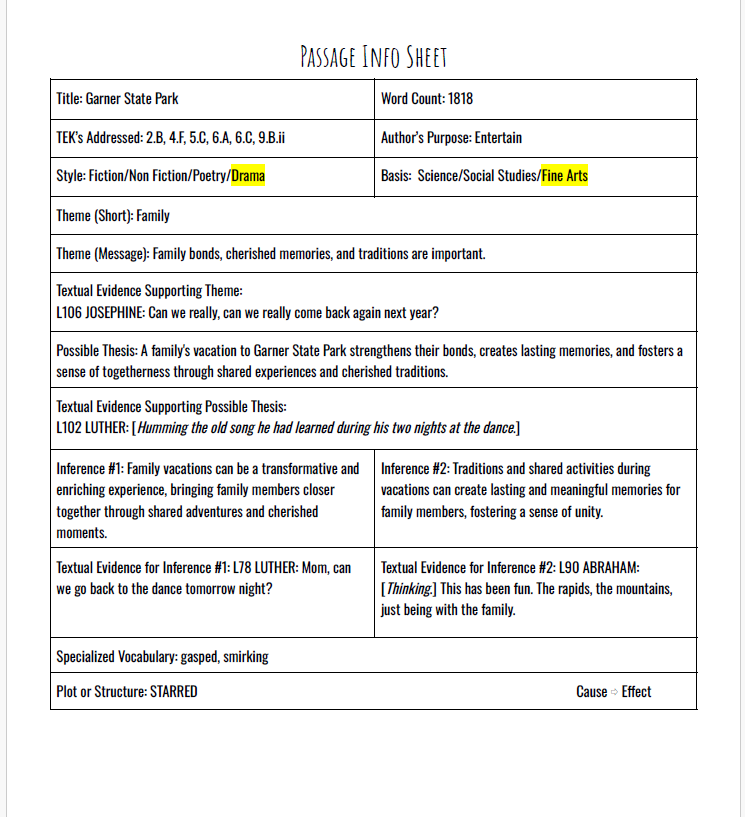 Practice Passage: Drama 10Th Grade Garner State Park