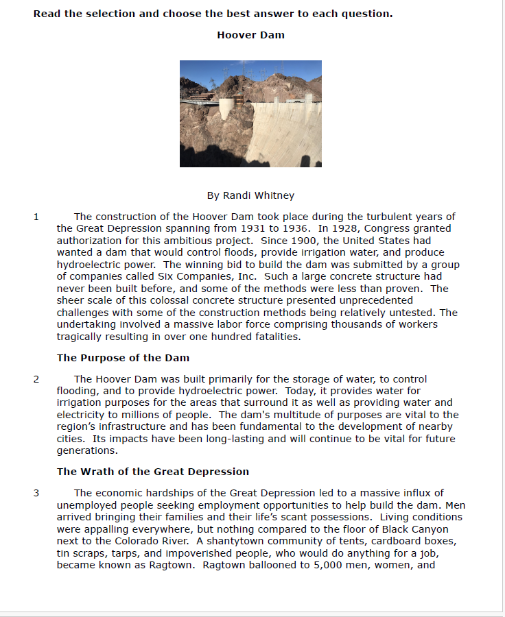 Practice Passage: Non Fiction 10Th Grade Hoover Dam