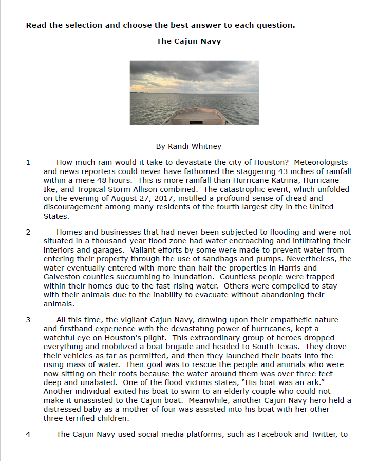 Practice Passage: Non Fiction 10Th Grade The Cajun Navy
