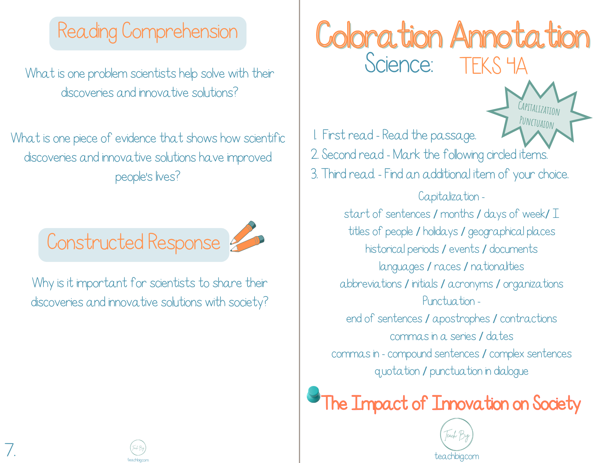 5Th Grade Coloration Annotation: Science - Capitalization & Punctuation