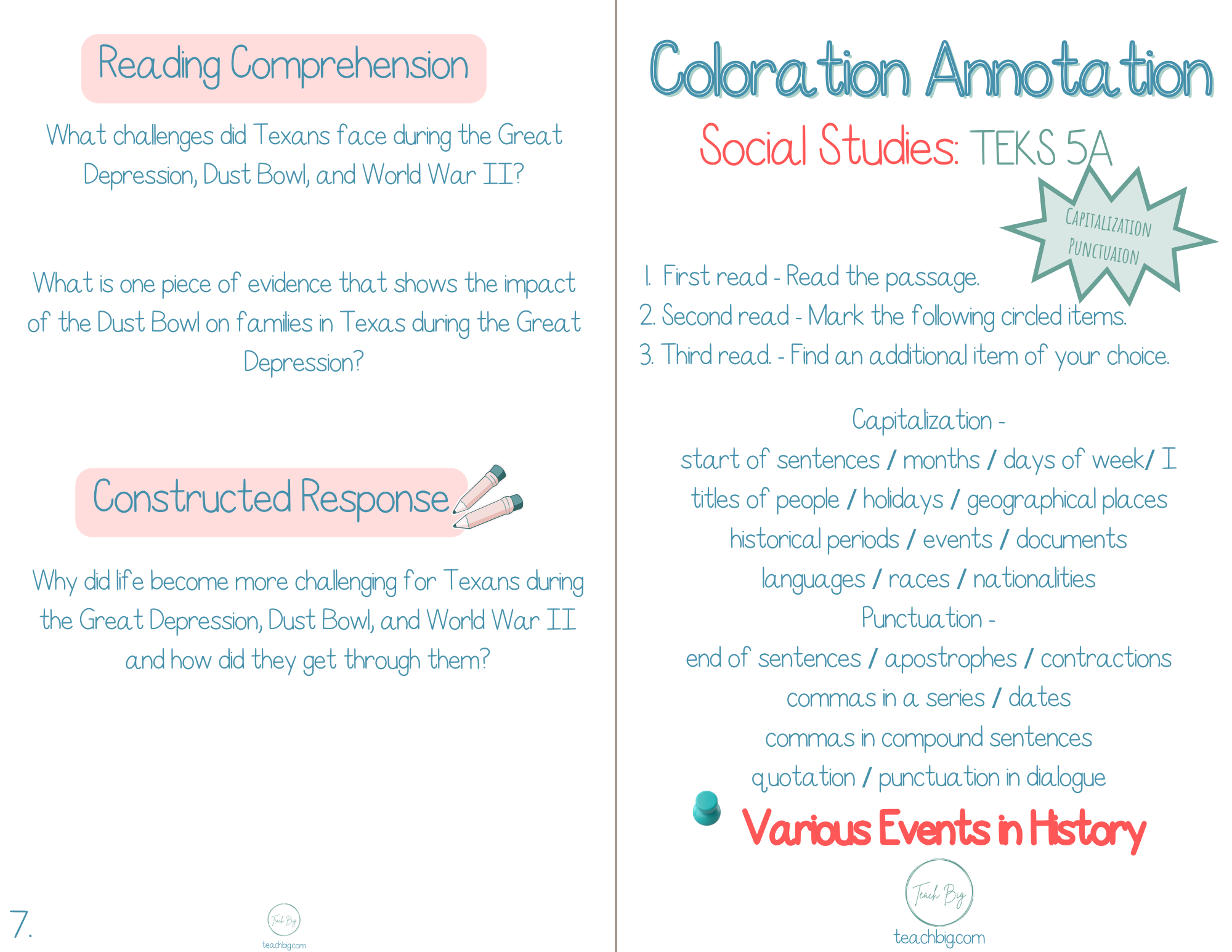 4Th Grade Coloration Annotation: Social Studies - Capitalization & Punctuation