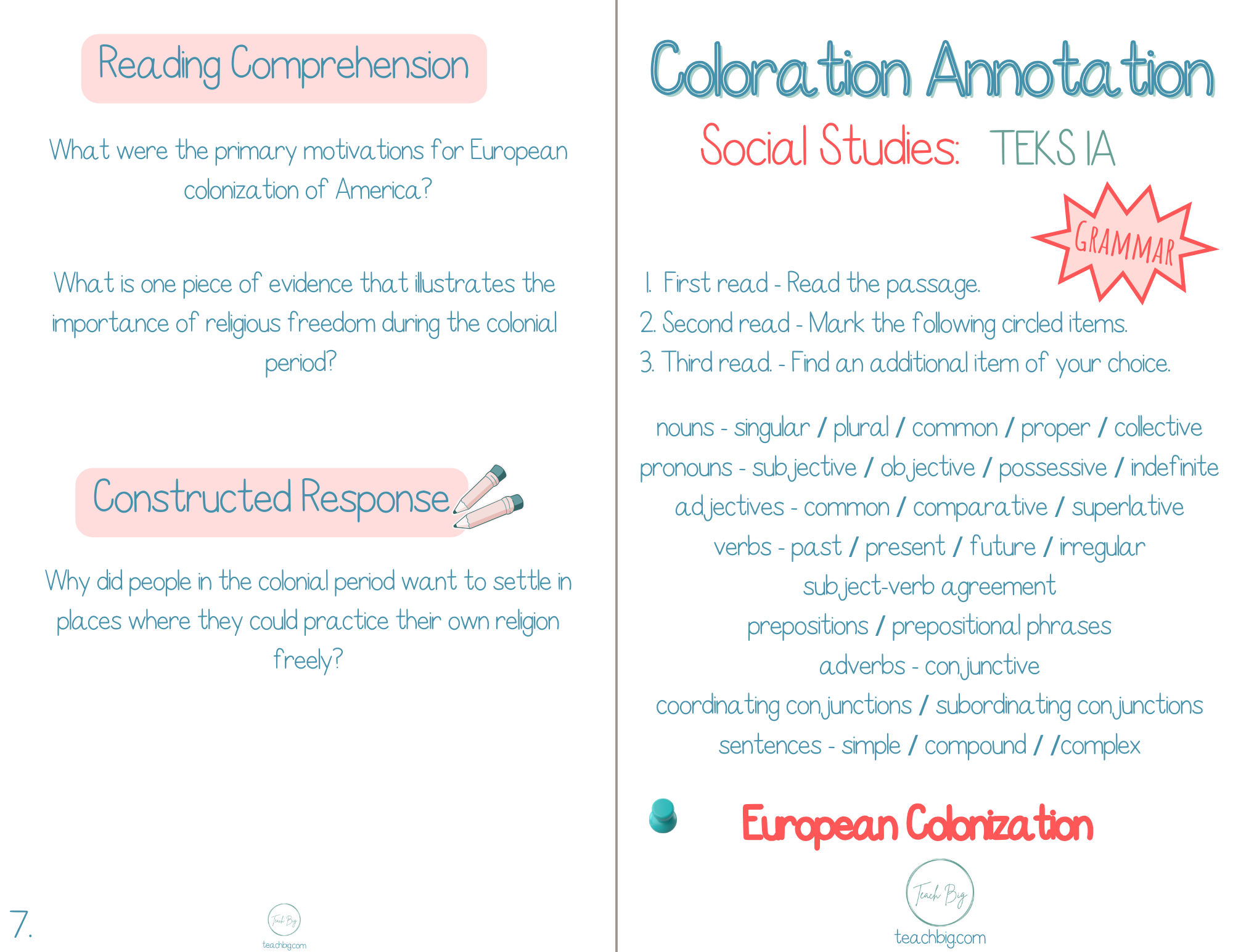 5Th Grade Coloration Annotation: Social Studies - Grammar