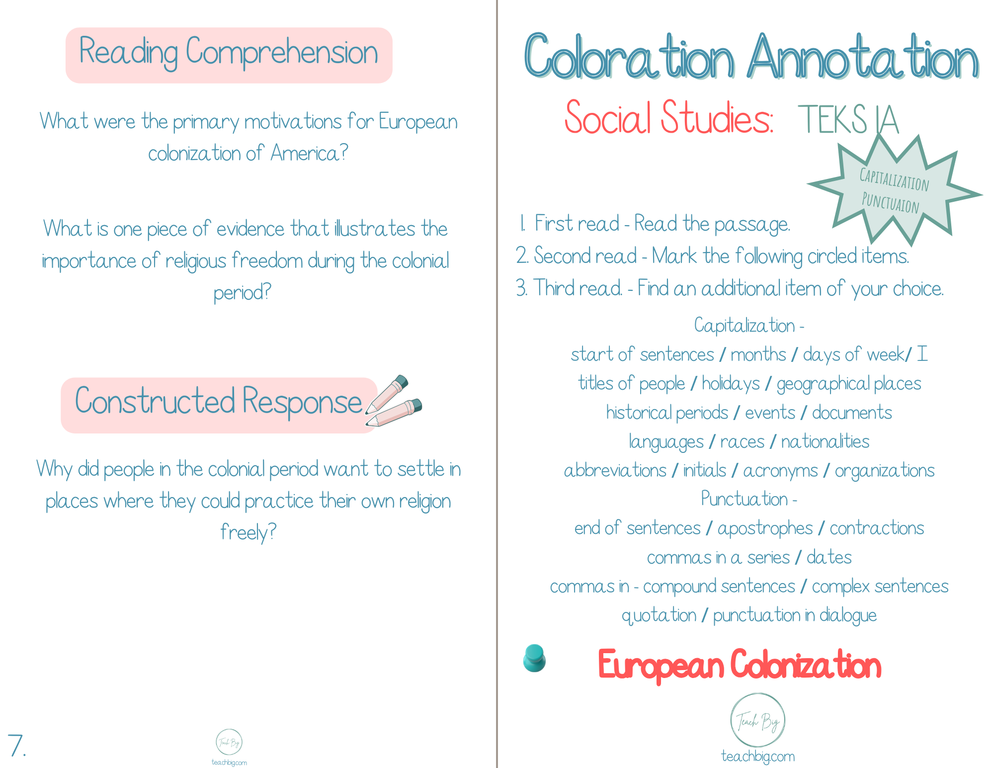 5Th Grade Coloration Annotation: Social Studies - Capitalization & Punctuation