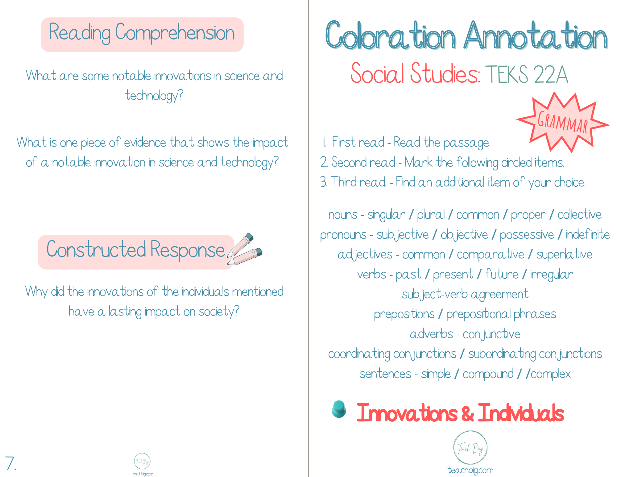 5Th Grade Coloration Annotation: Social Studies - Grammar