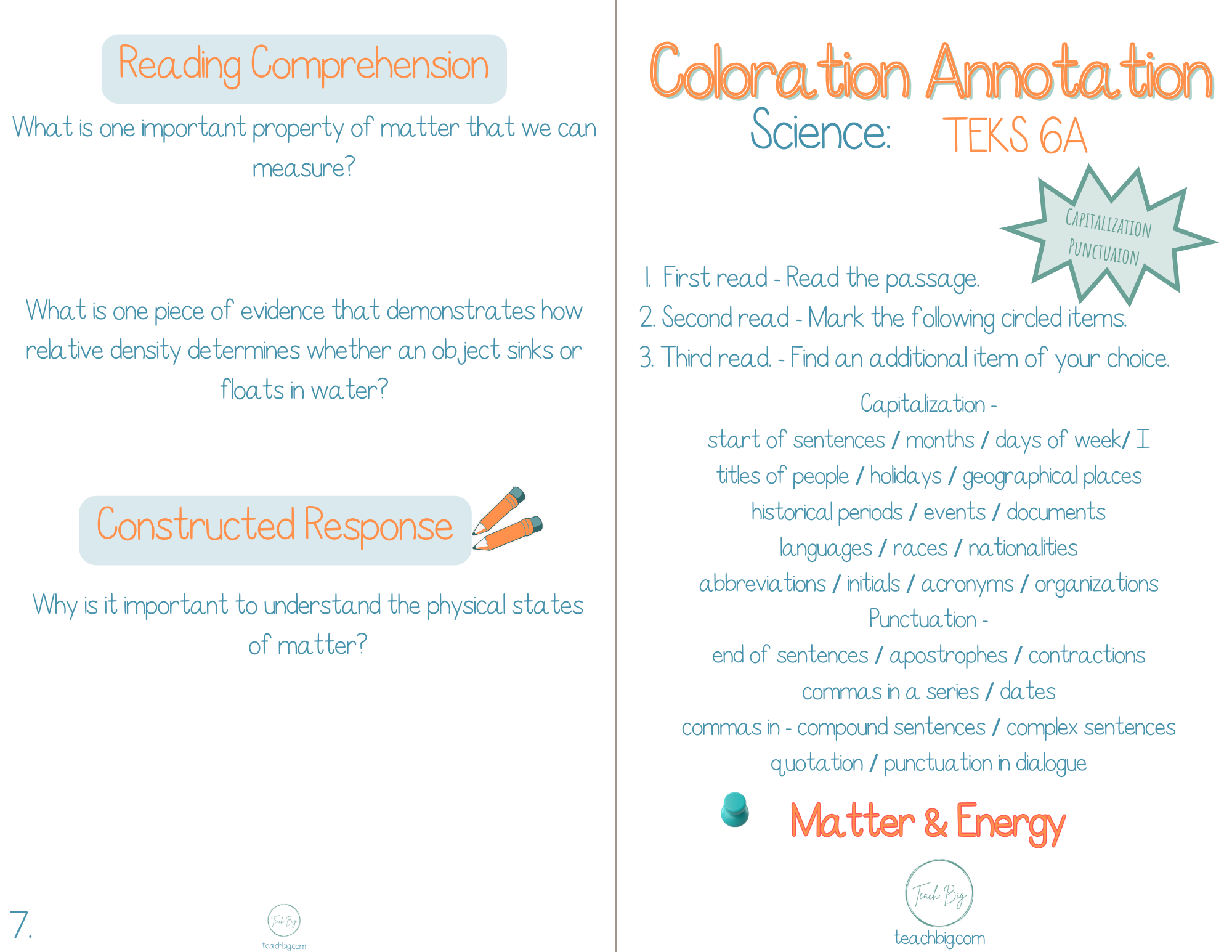 5Th Grade Coloration Annotation: Science - Capitalization & Punctuation