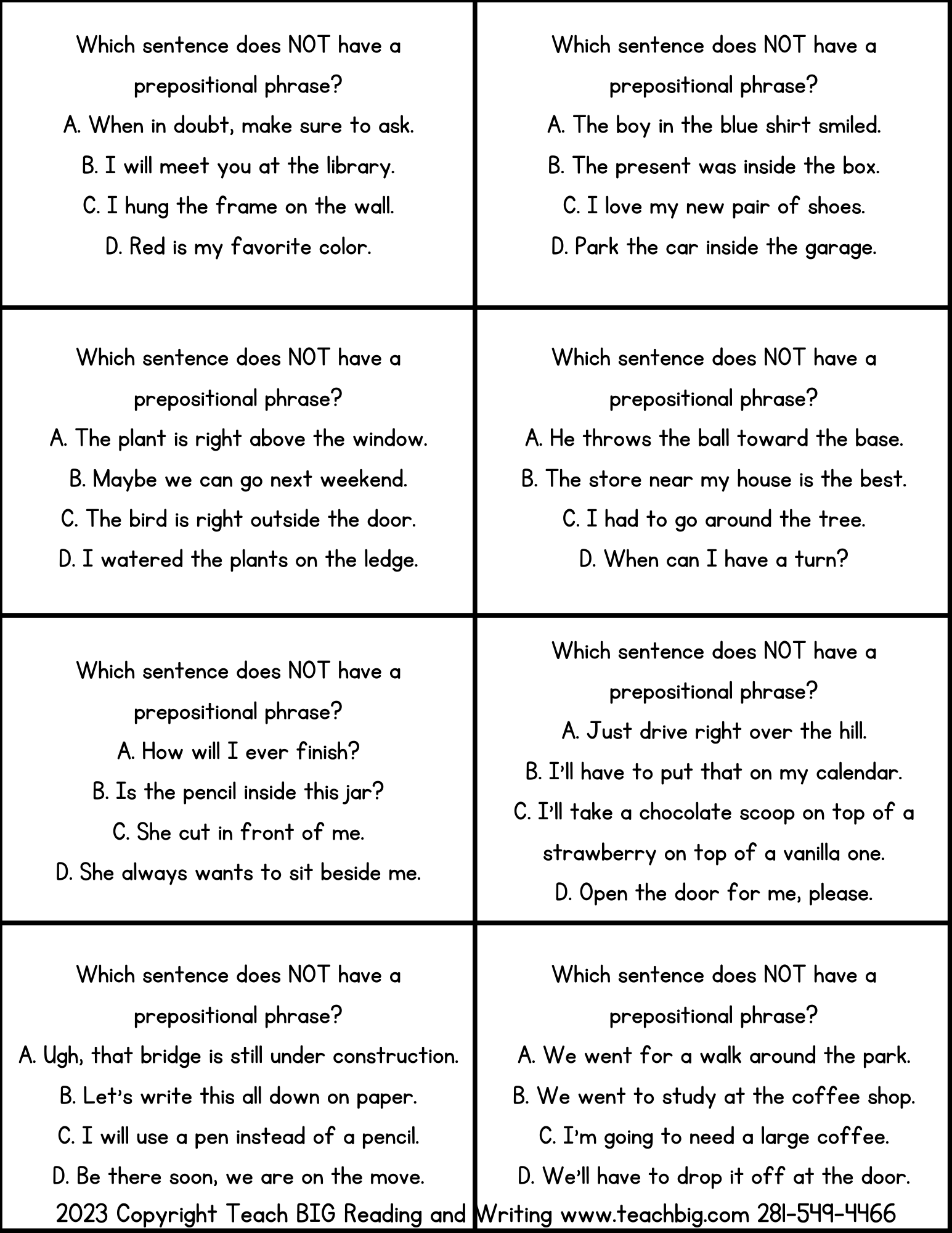 Prepositions 4 In A Row Activity - This Resource Is Great For Grades 7-8.