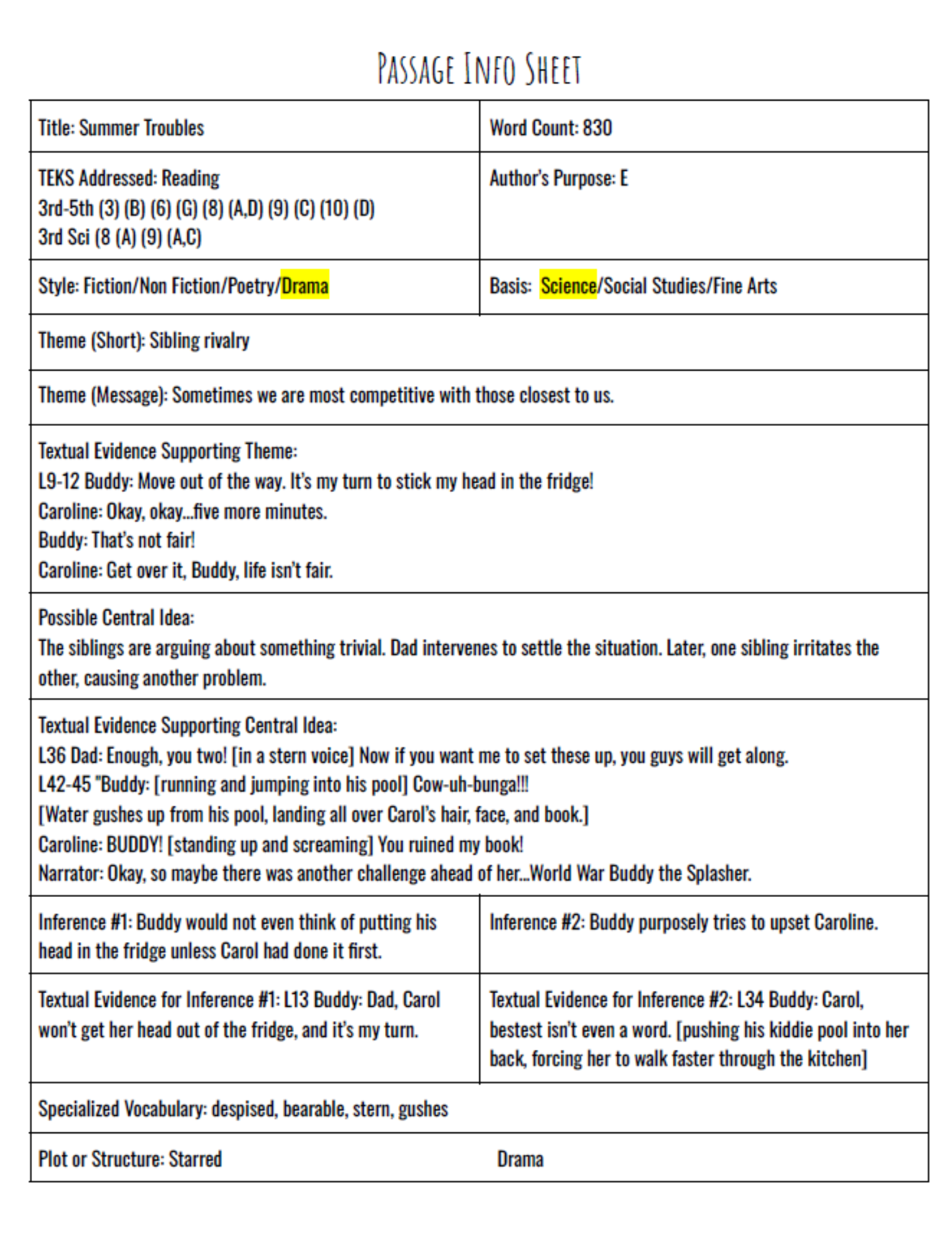 Passage Practice:  Drama - 3Rd Grade Summer Troubles