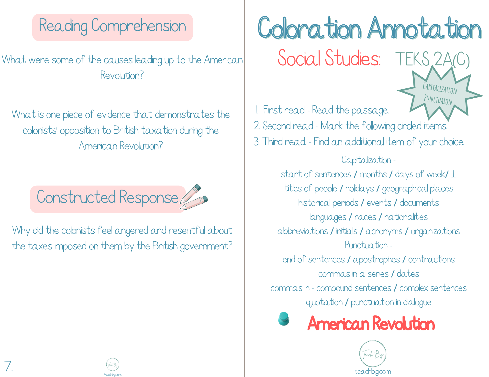 5Th Grade Coloration Annotation: Social Studies - Capitalization & Punctuation