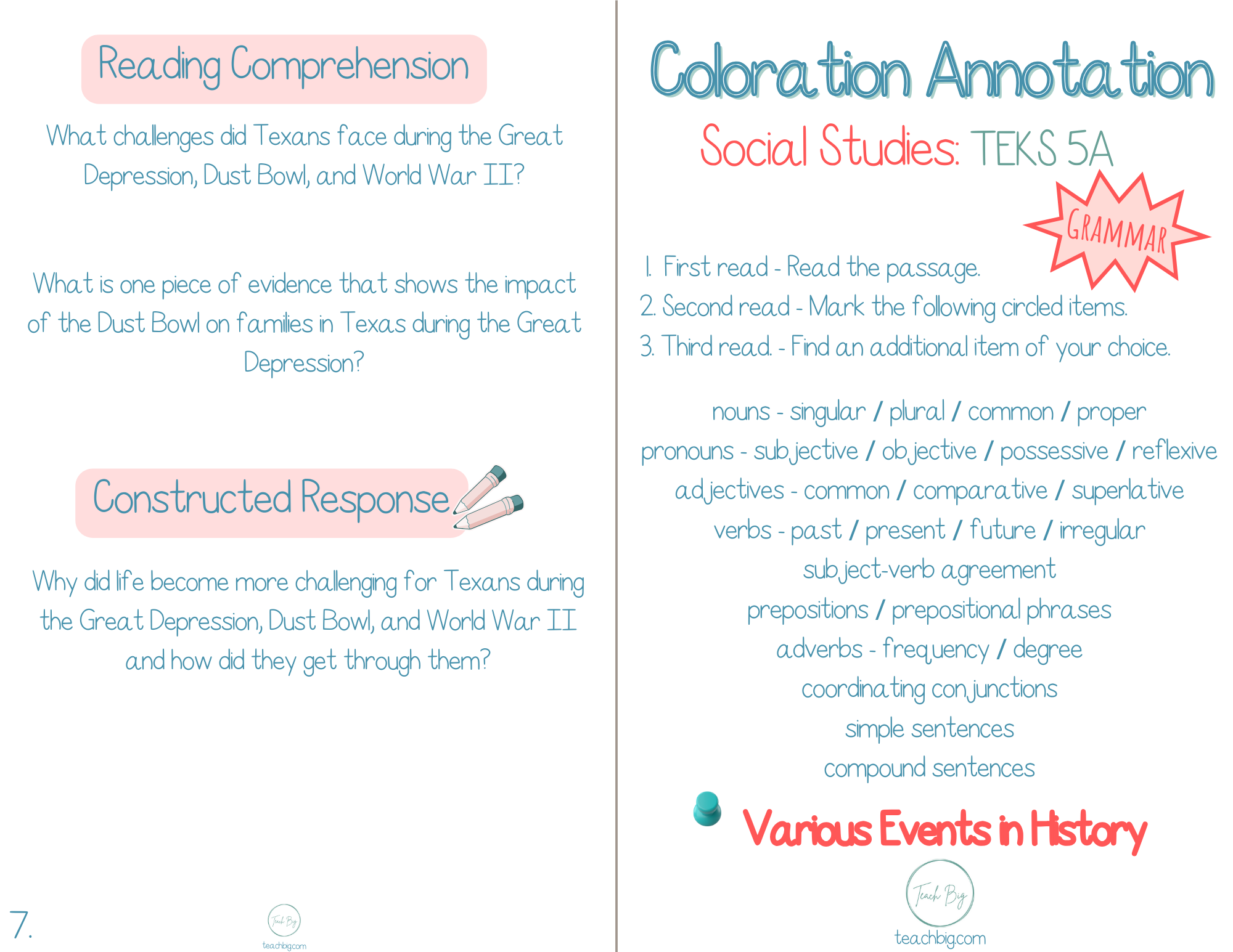 4Th Grade Coloration Annotation: Social Studies - Grammar