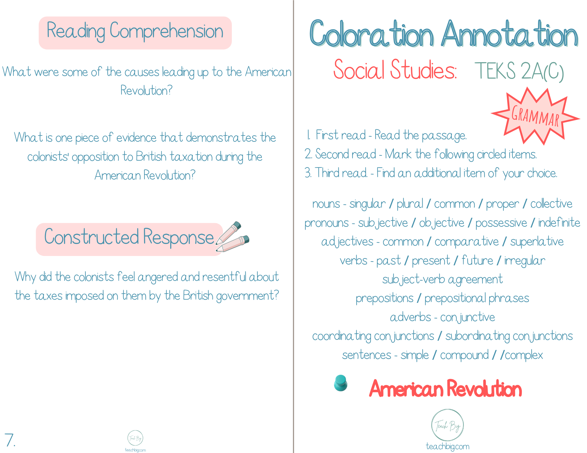 5Th Grade Coloration Annotation: Social Studies - Grammar