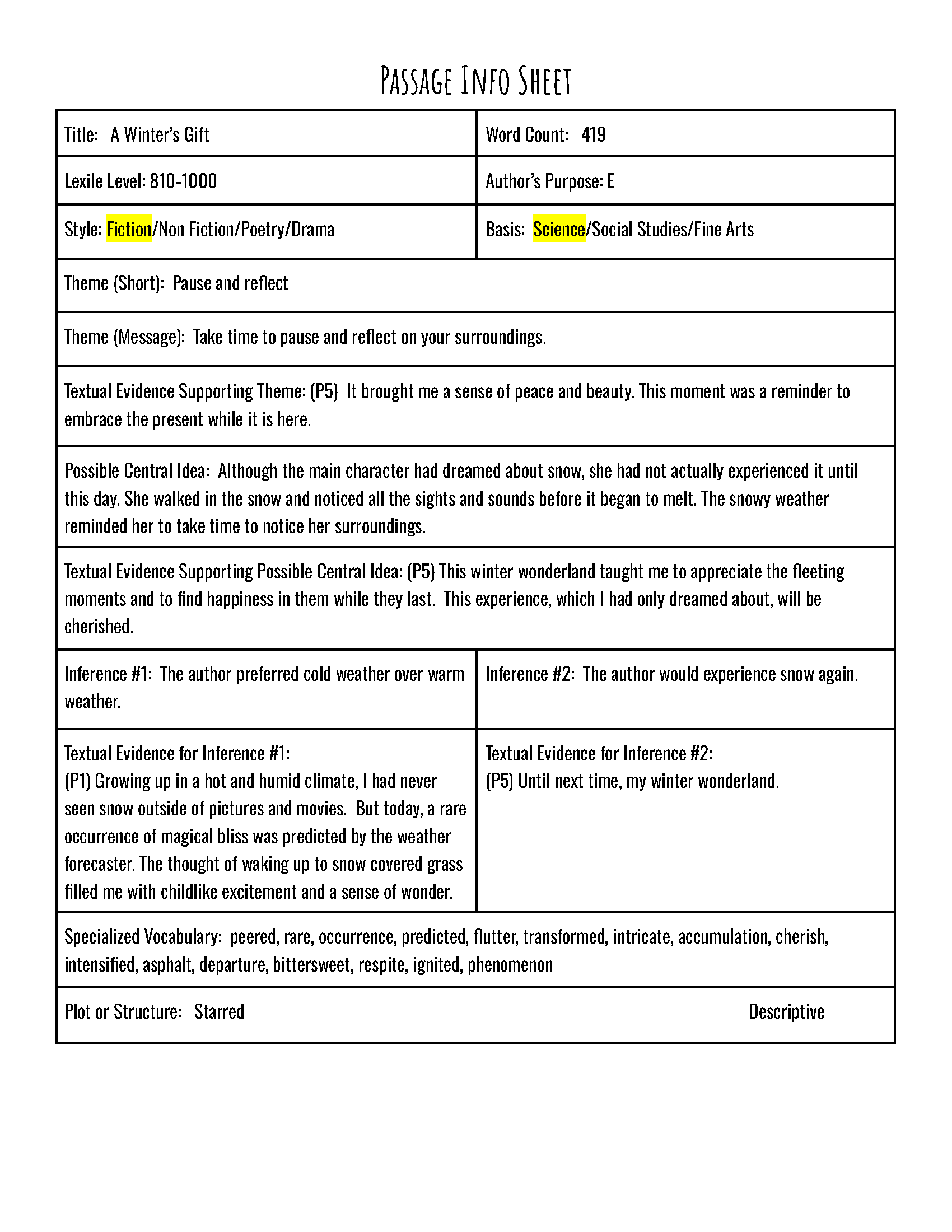 Passage Practice: Fiction - 4Th Grade A Winter’s Gift | Spanish