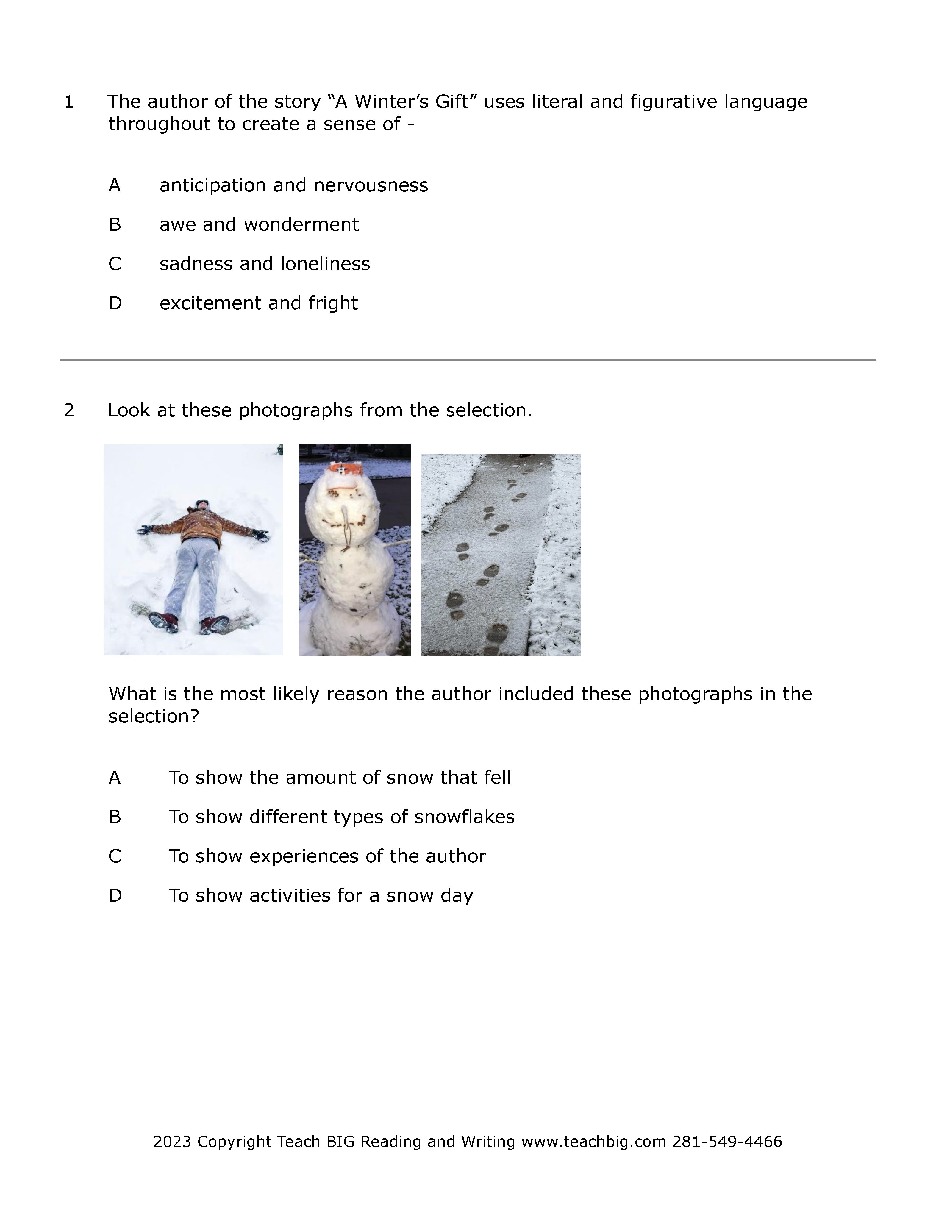 Passage Practice: Fiction - 5Th Grade A Winter’s Gift