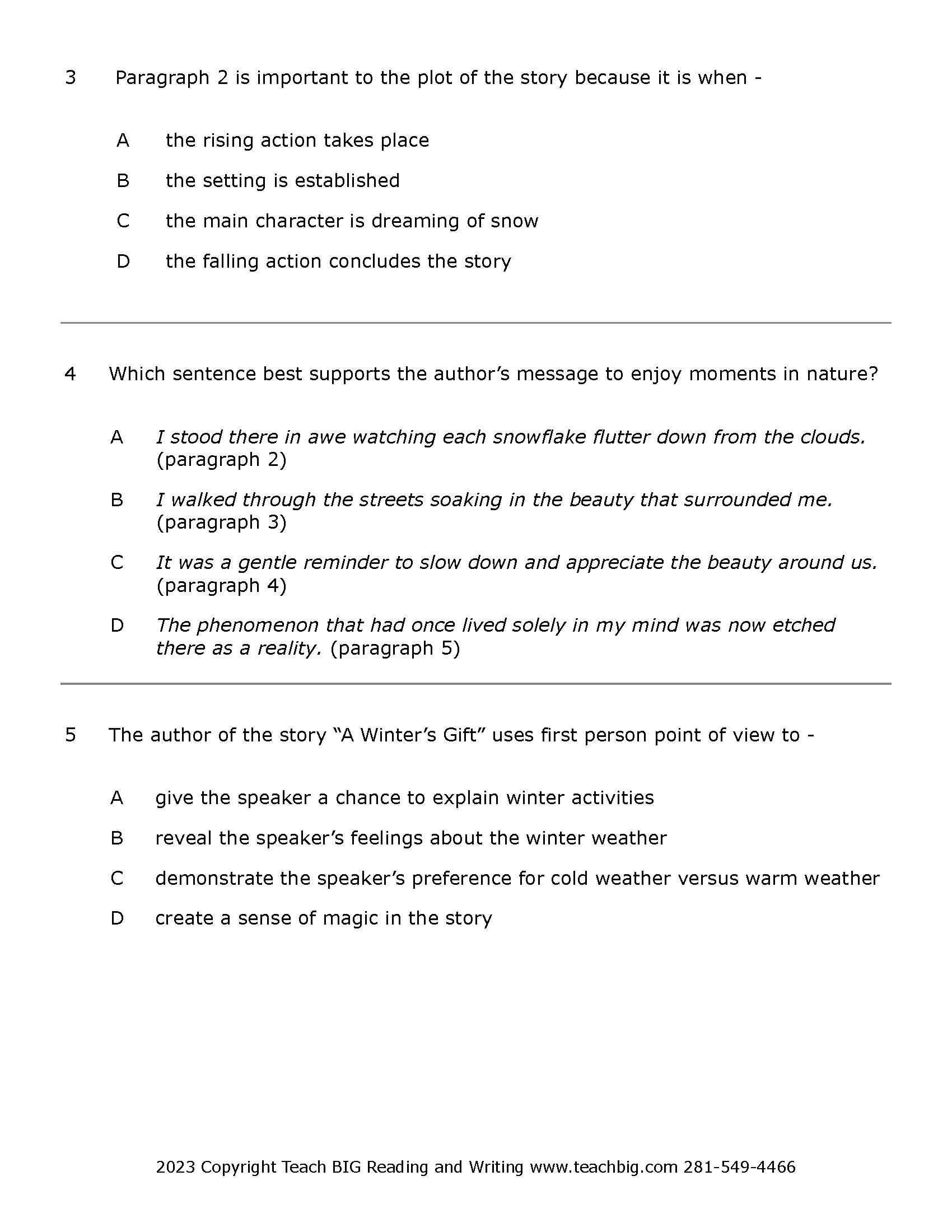 Passage Practice: Fiction - 5Th Grade A Winter’s Gift