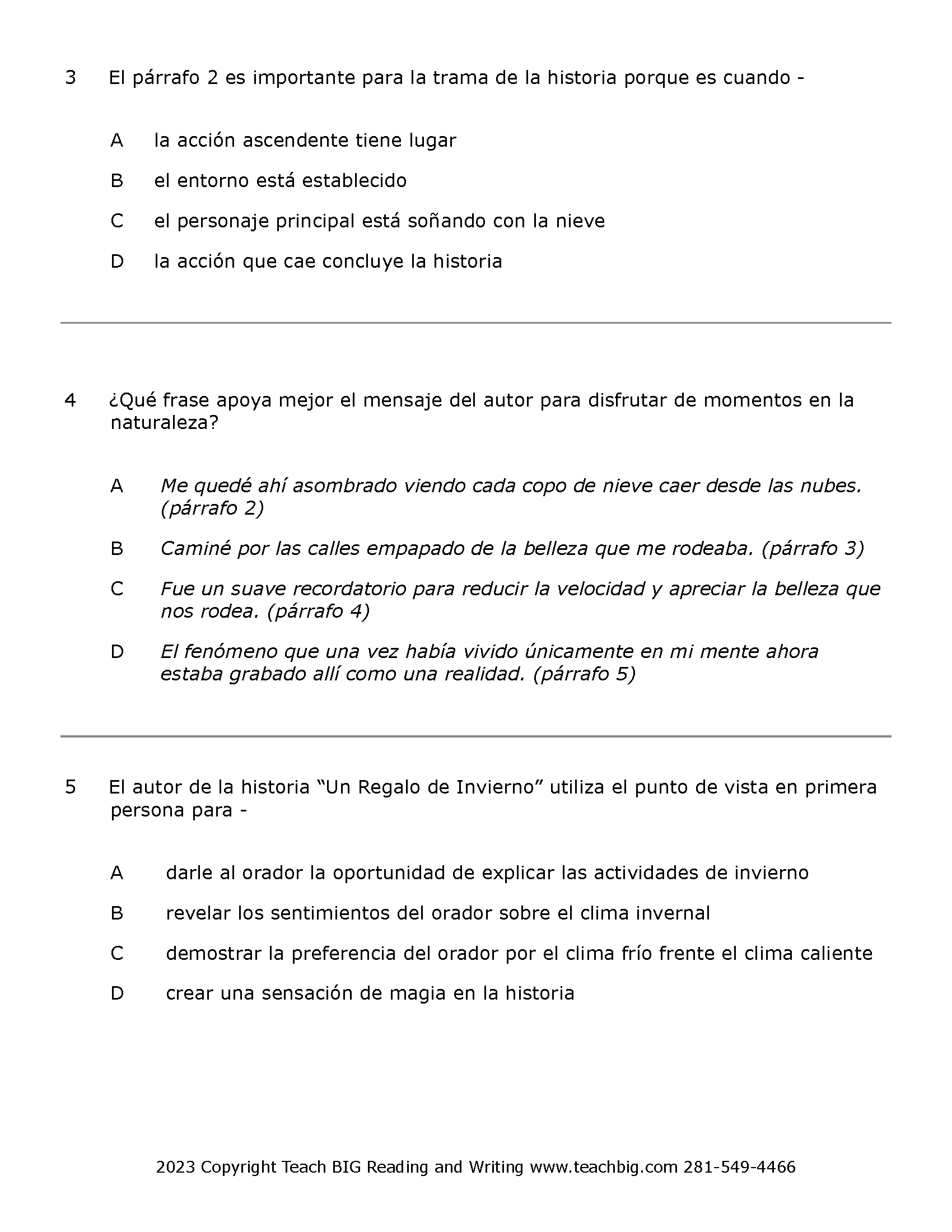 Passage Practice: Fiction - 5Th Grade A Winter’s Gift | Spanish