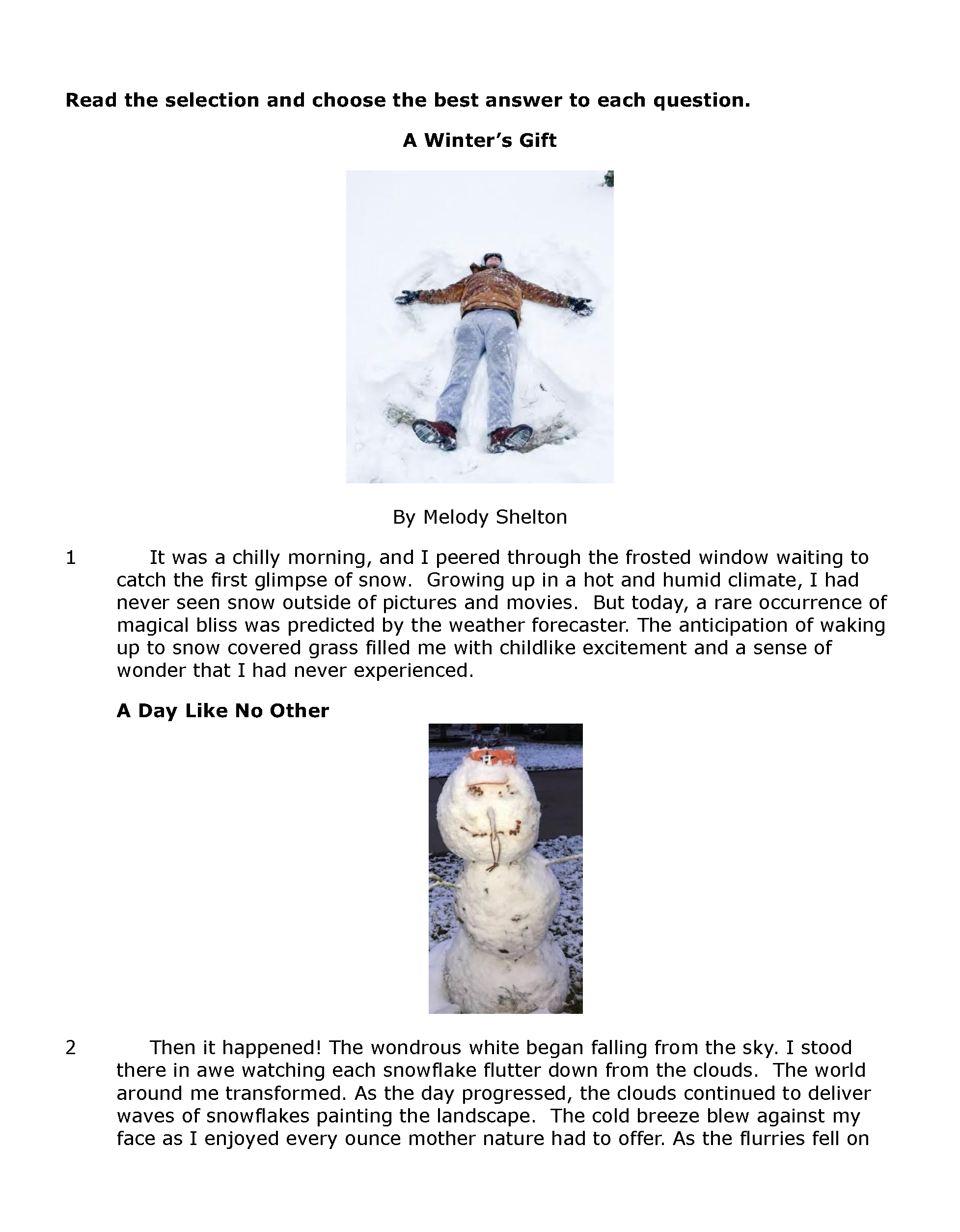 Passage Practice: Fiction - 6Th Grade A Winter’s Gift