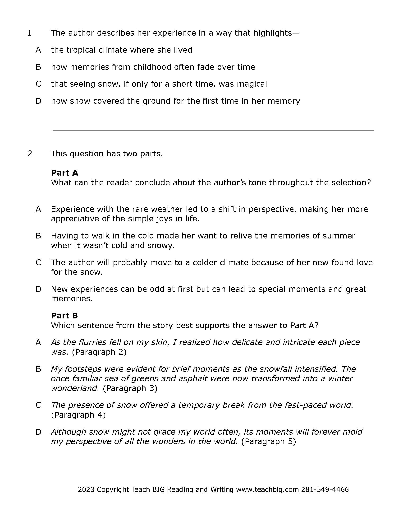 Passage Practice: Fiction - 8Th Grade A Winter’s Gift