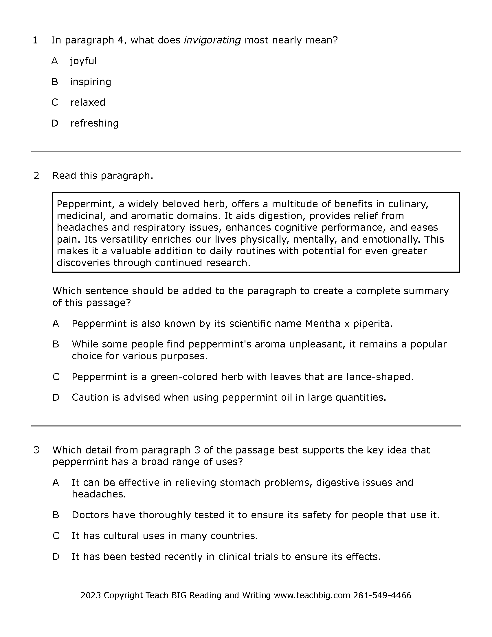 Passage Practice: Nonfiction - 10Th Grade Benefits Of Peppermint