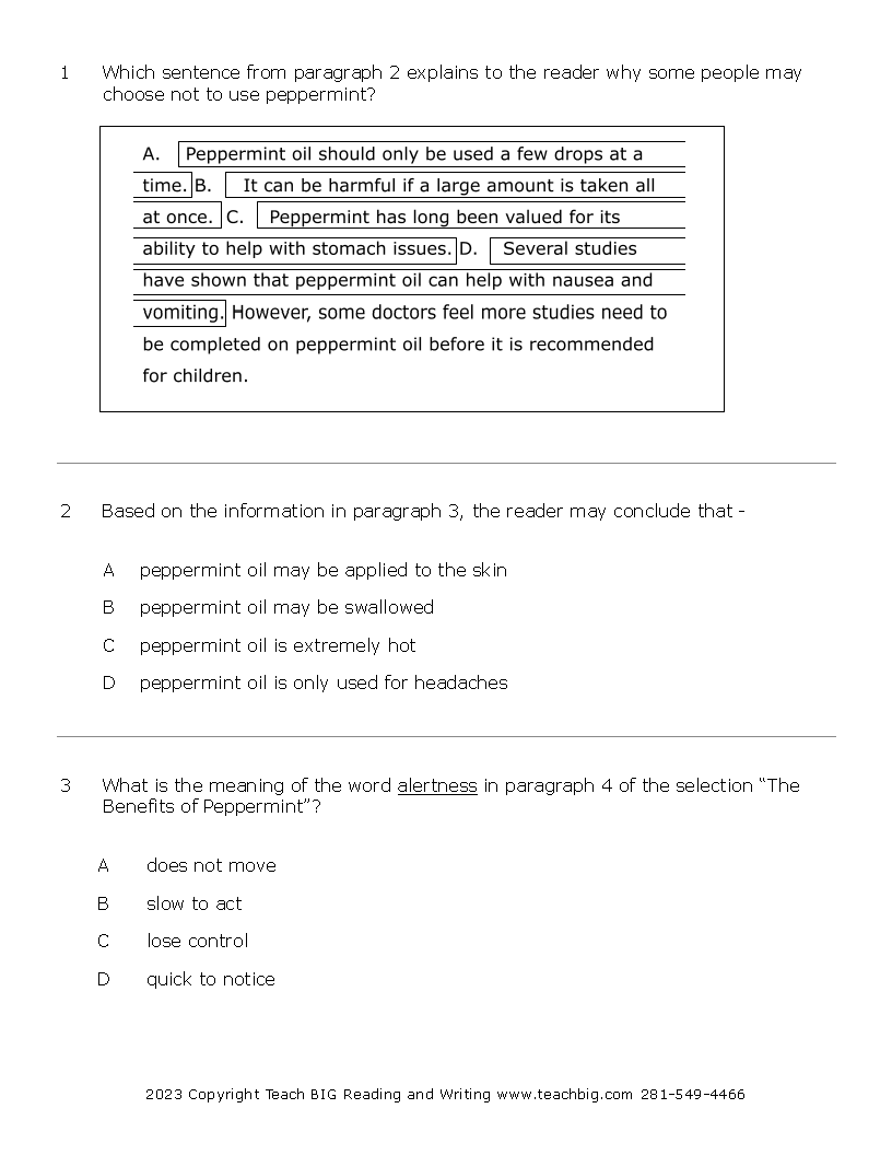 Passage Practice: Nonfiction - 3Rd Grade Benefits Of Peppermint