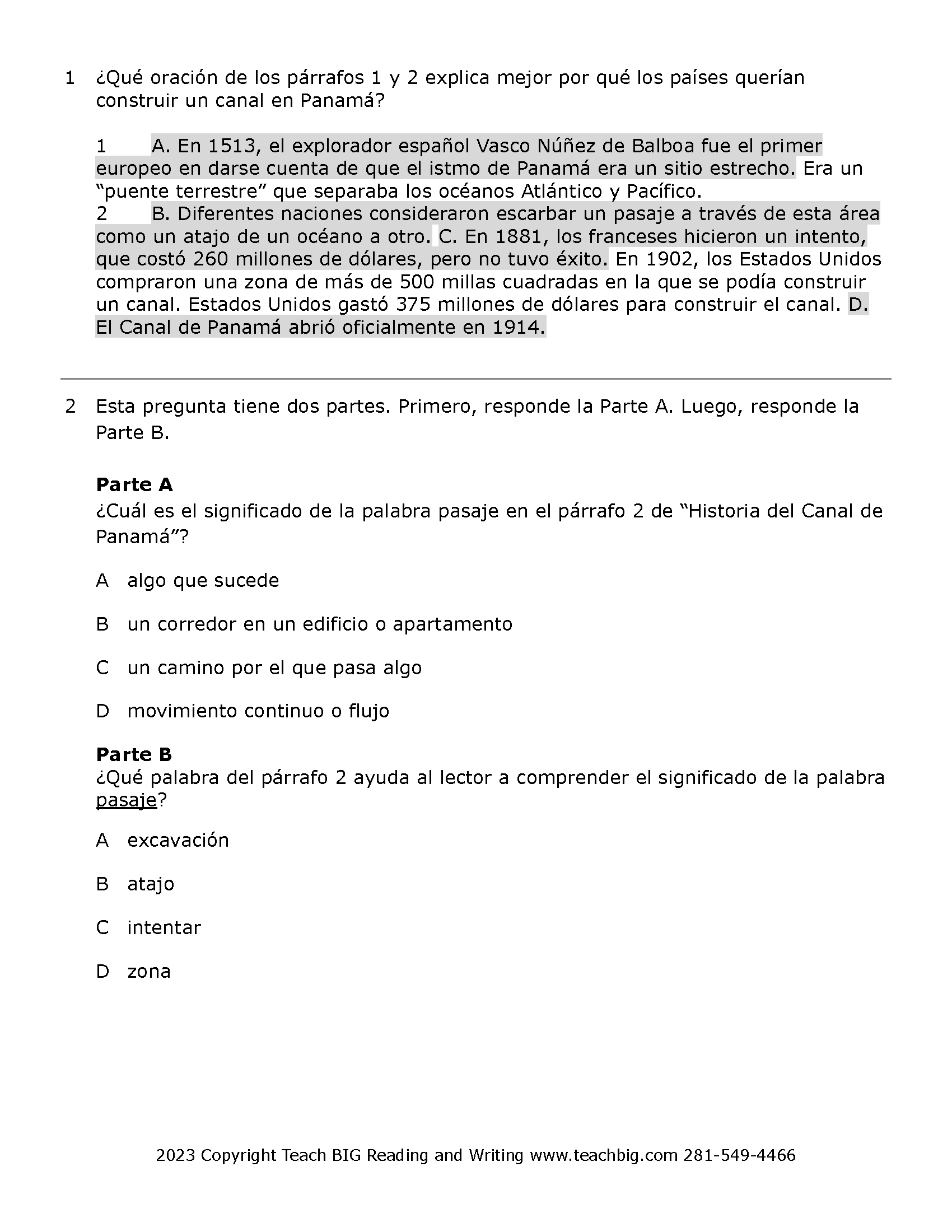 Passage Practice: Nonfiction - 3Rd Grade History Of The Panama Canal | Spanish