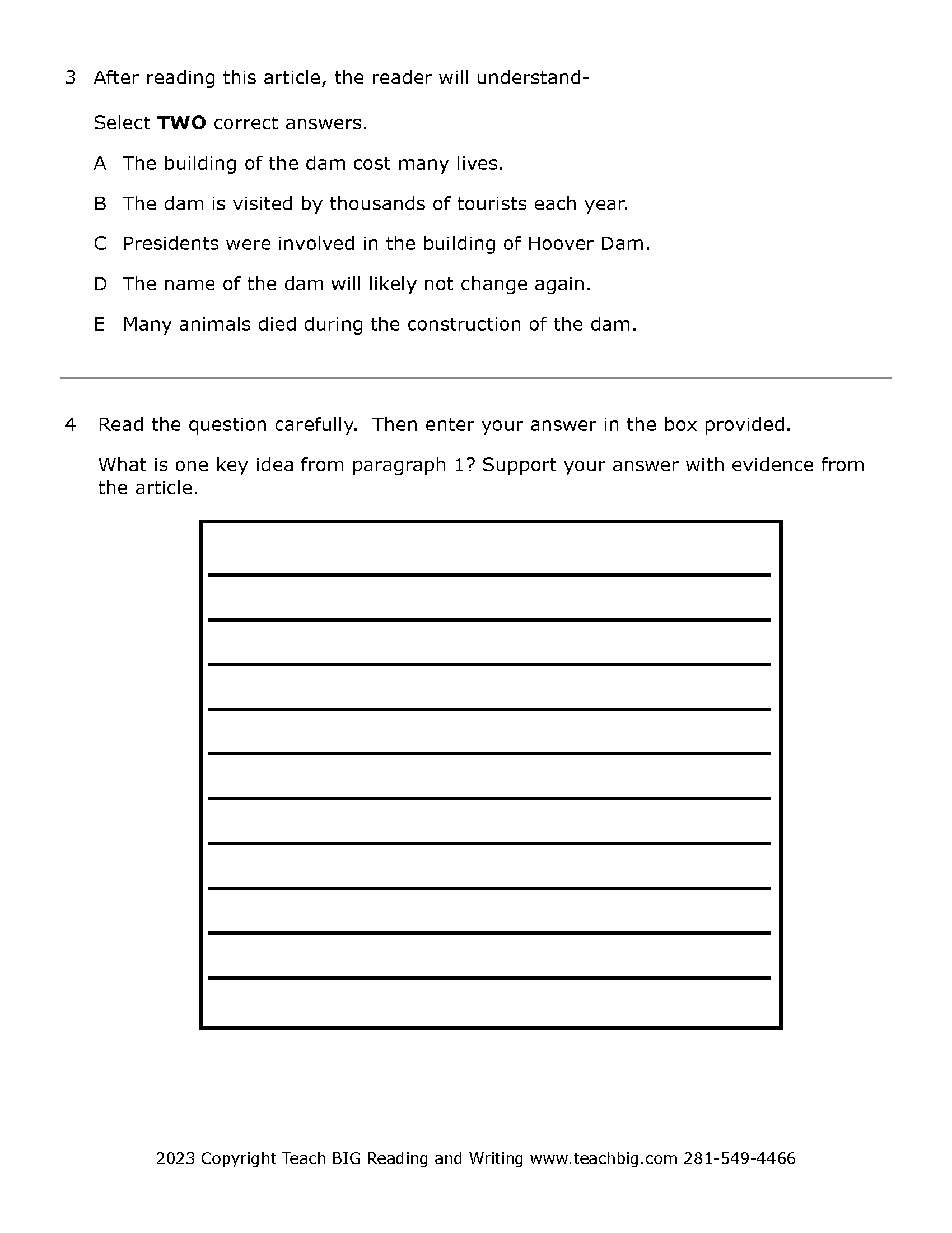 Passage Practice: Nonfiction - 4Th Grade Hoover Dam