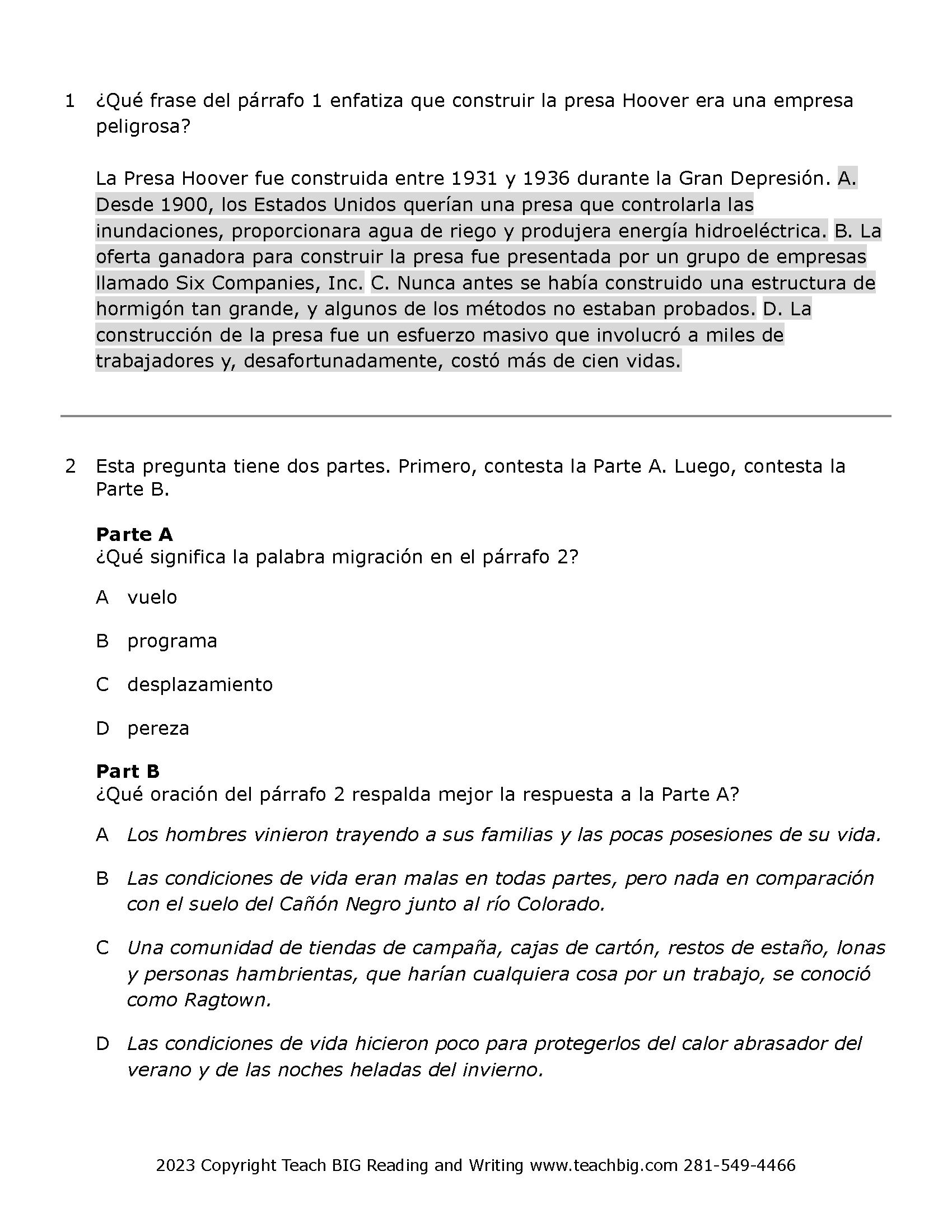 Passage Practice: Nonfiction - 4Th Grade Hoover Dam | Spanish