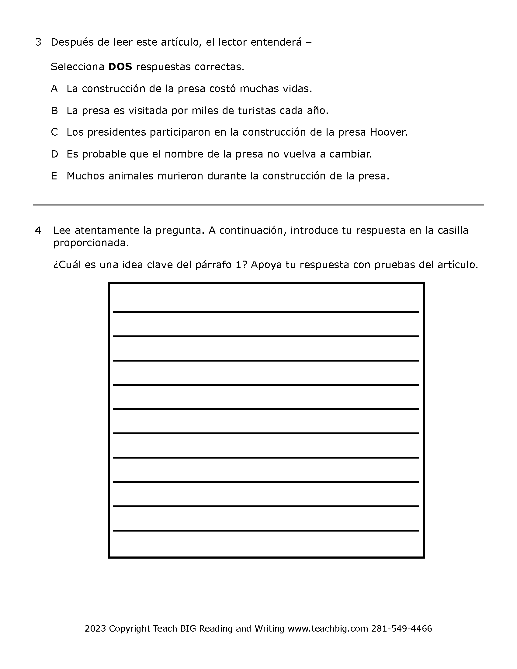 Passage Practice: Nonfiction - 4Th Grade Hoover Dam | Spanish