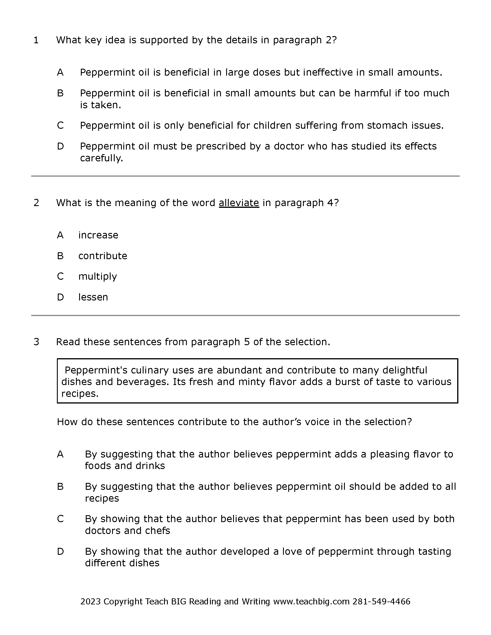 Passage Practice: Nonfiction - 5Th Grade Benefits Of Peppermint