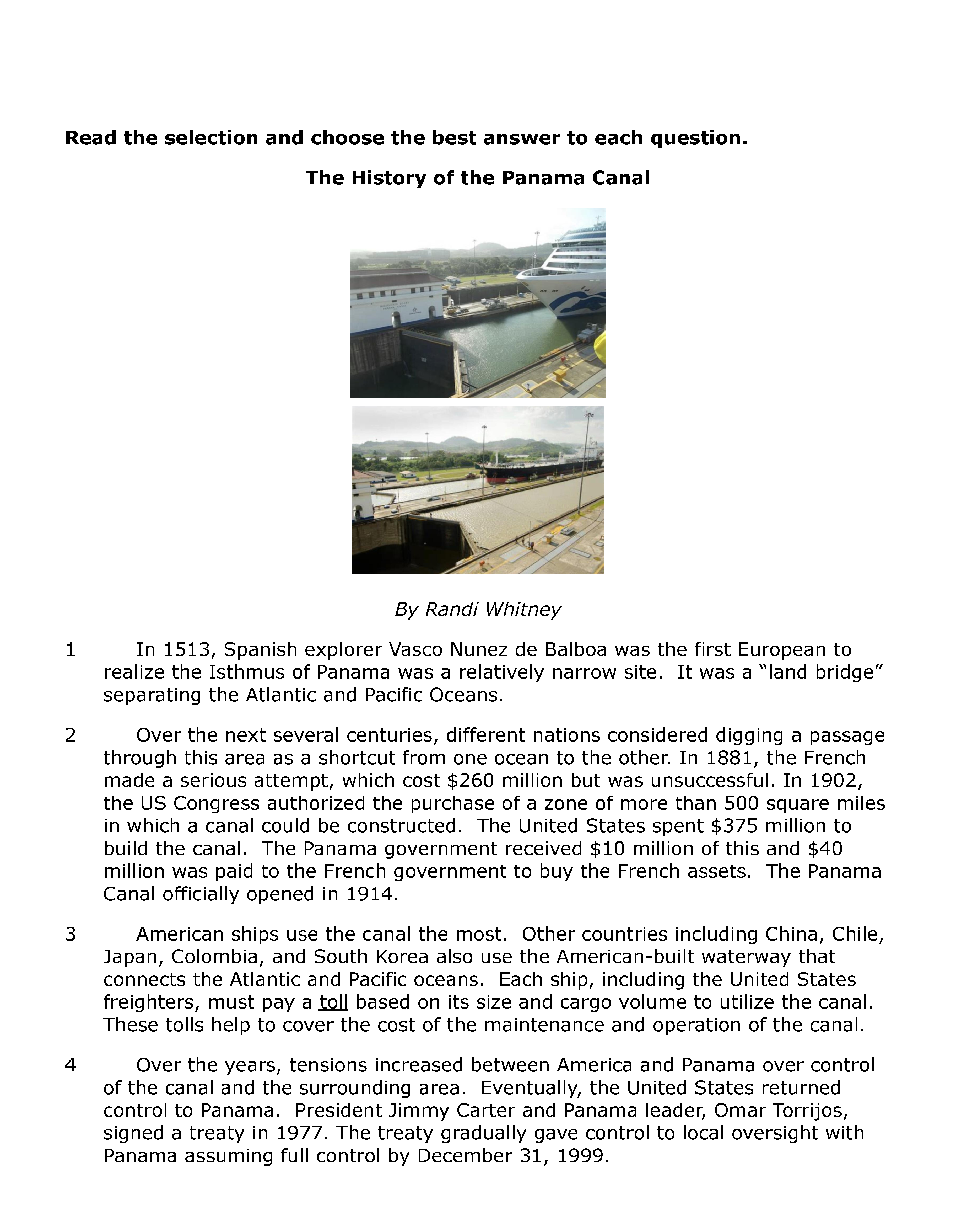 Passage Practice: Nonfiction - 5Th Grade History Of The Panama Canal