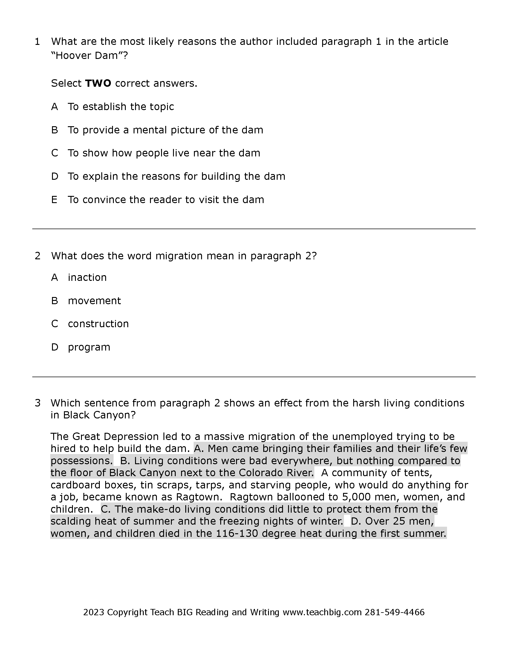 Passage Practice: Nonfiction - 5Th Grade Hoover Dam