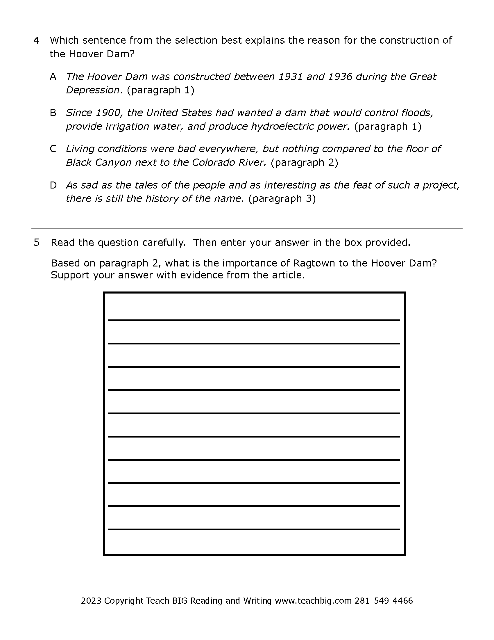 Passage Practice: Nonfiction - 5Th Grade Hoover Dam