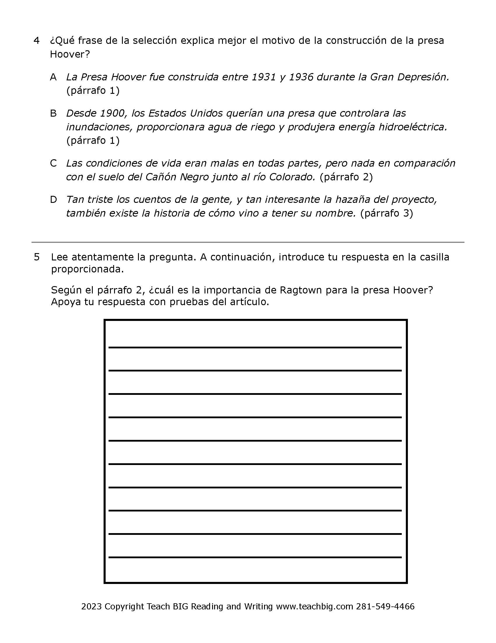 Passage Practice: Nonfiction - 5Th Grade Hoover Dam | Spanish