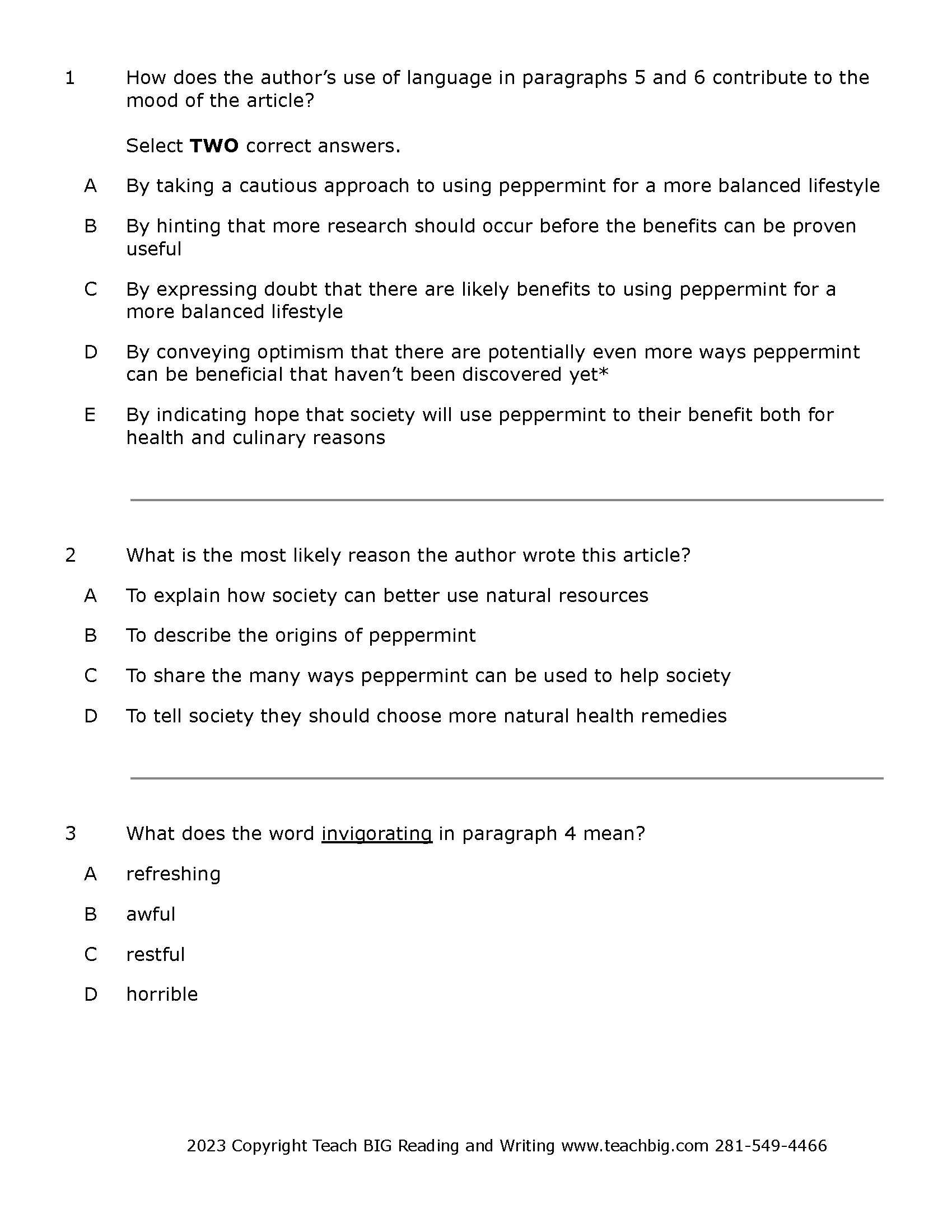 Passage Practice: Nonfiction - 7Th Grade Benefits Of Peppermint