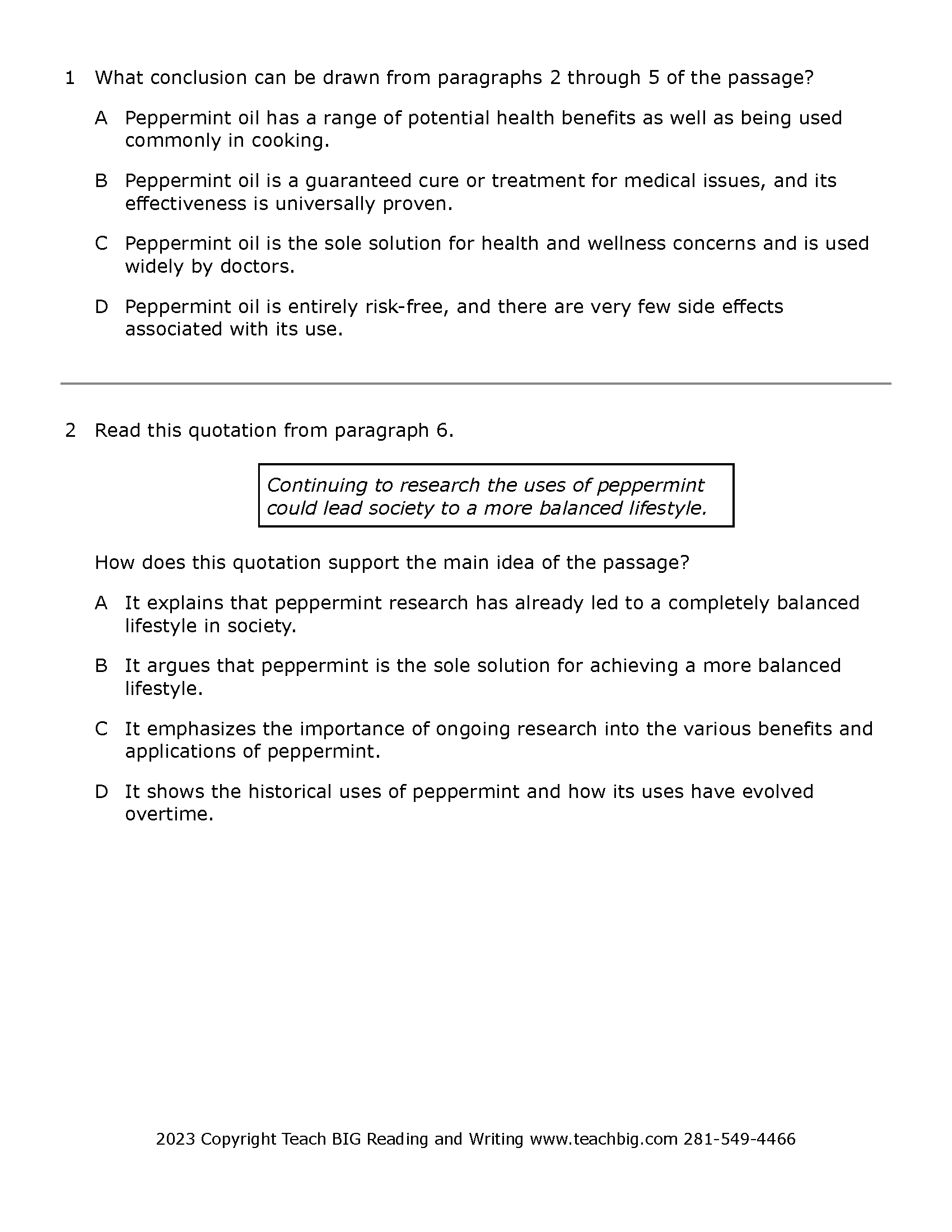 Passage Practice: Nonfiction - 9Th Grade Benefits Of Peppermint