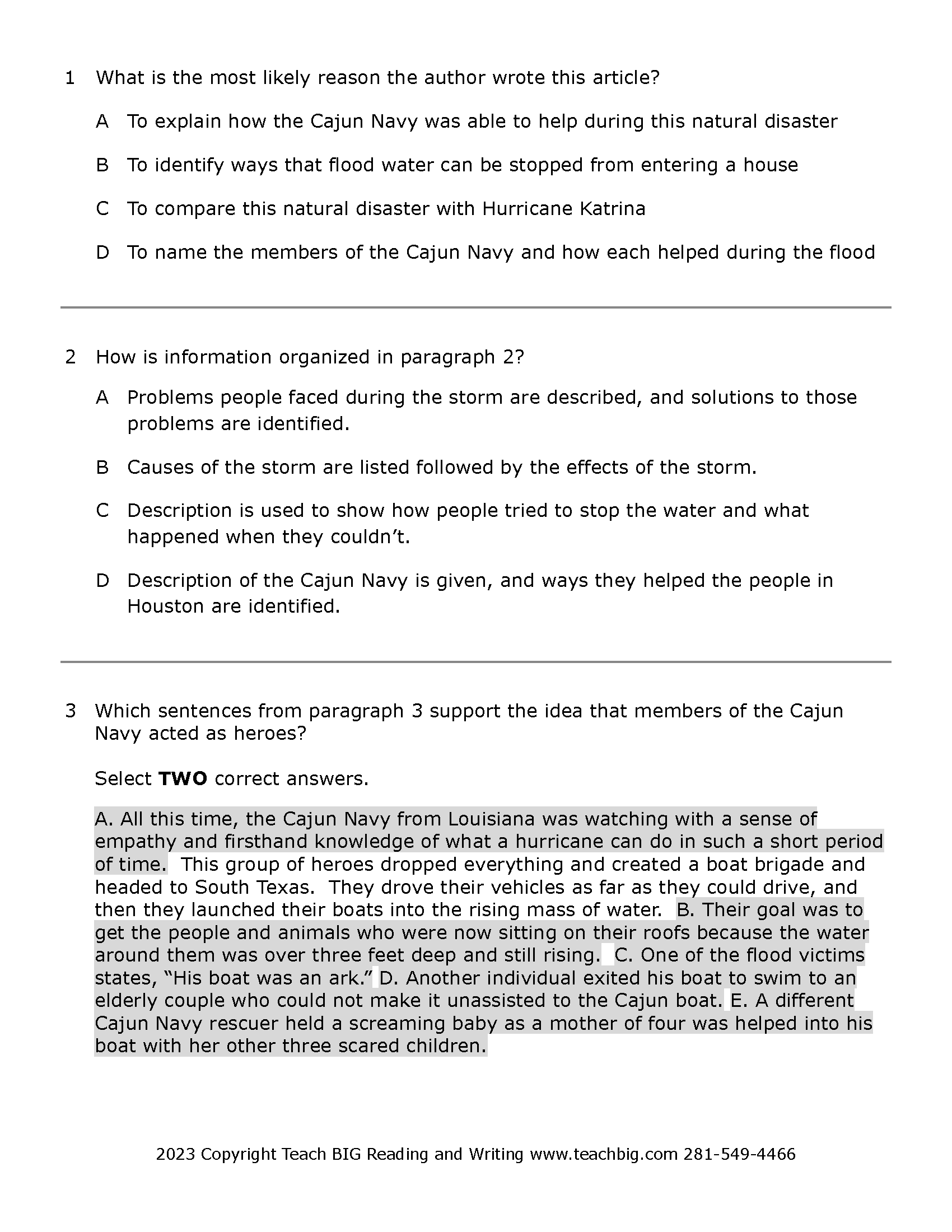 Passage Practice: Nonfiction - 5Th Grade The Cajun Navy