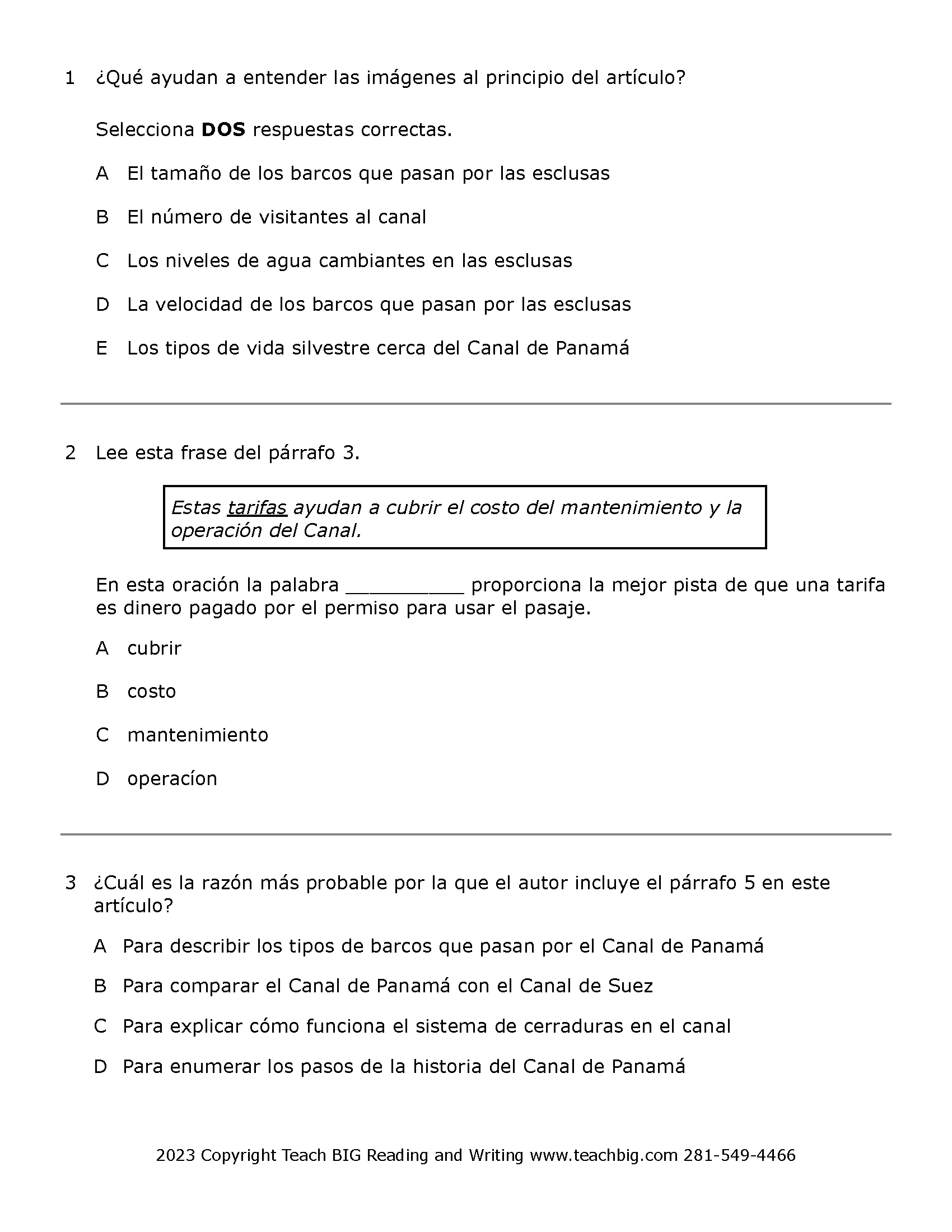 Passage Practice: Nonfiction - 5Th Grade History Of The Panama Canal | Spanish