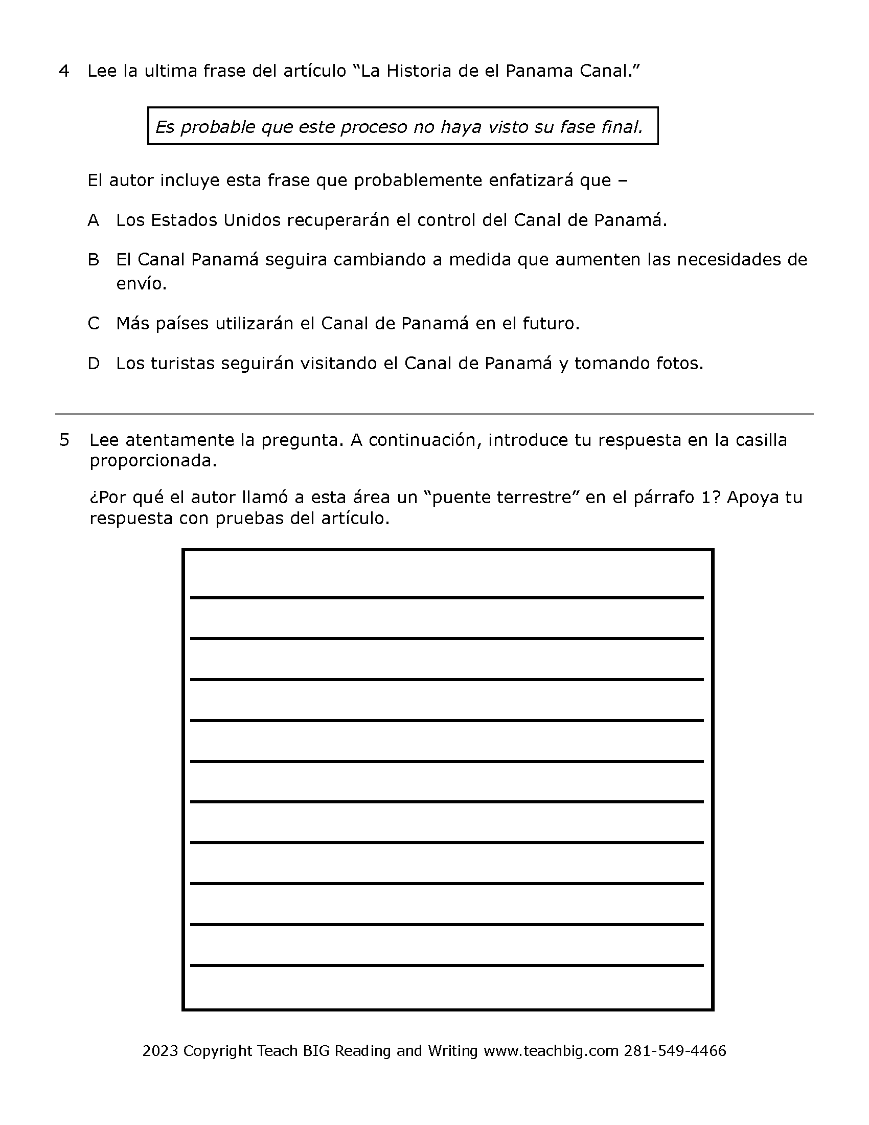 Passage Practice: Nonfiction - 5Th Grade History Of The Panama Canal | Spanish