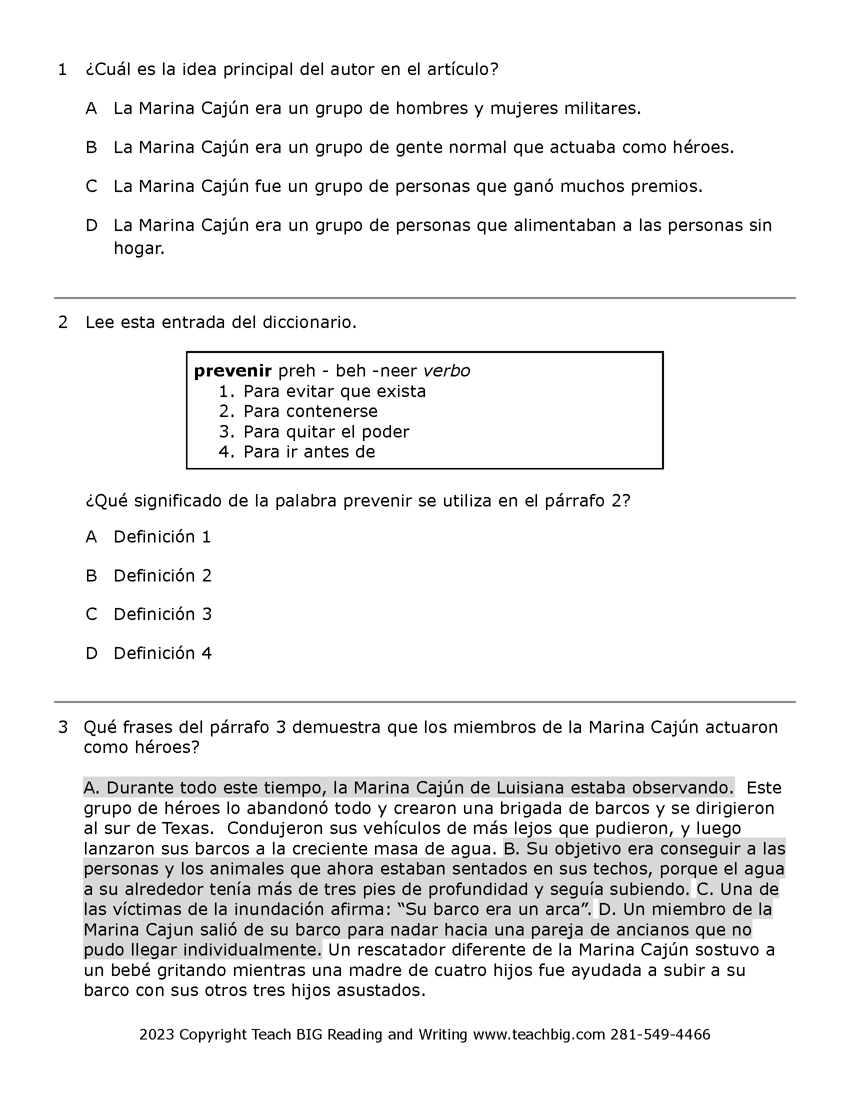 Practice Passage: Set 7 - 3Rd Grade | Spanish