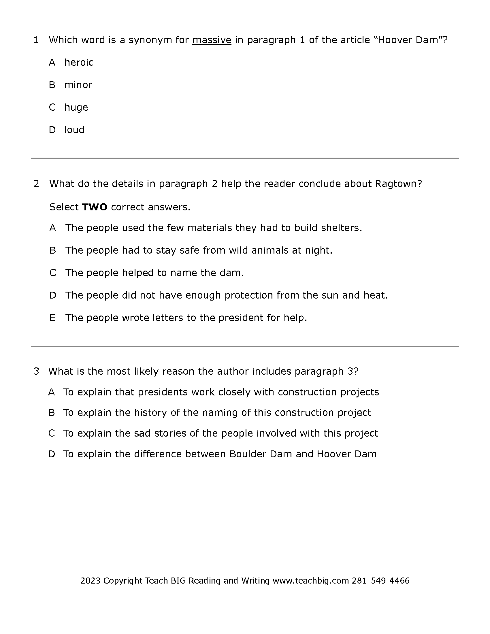 Passage Practice: Nonfiction - 3Rd Grade Hoover Dam