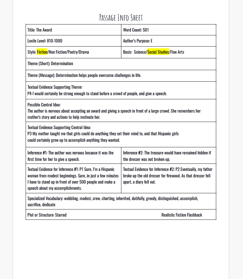 Practice Passage:  Fiction - 3Rd Grade The Award