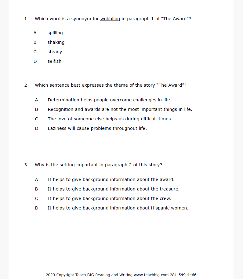 Practice Passage: Fiction 4Th Grade- The Award