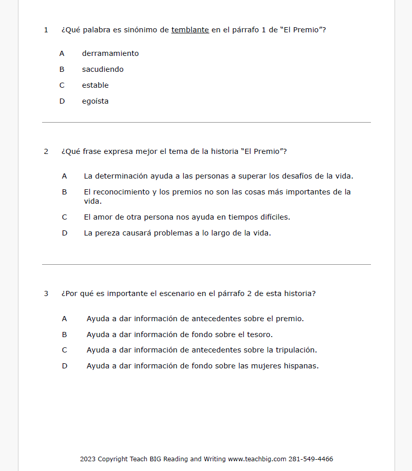 Practice Passage: Fiction 4Th Grade- The Award | Spanish